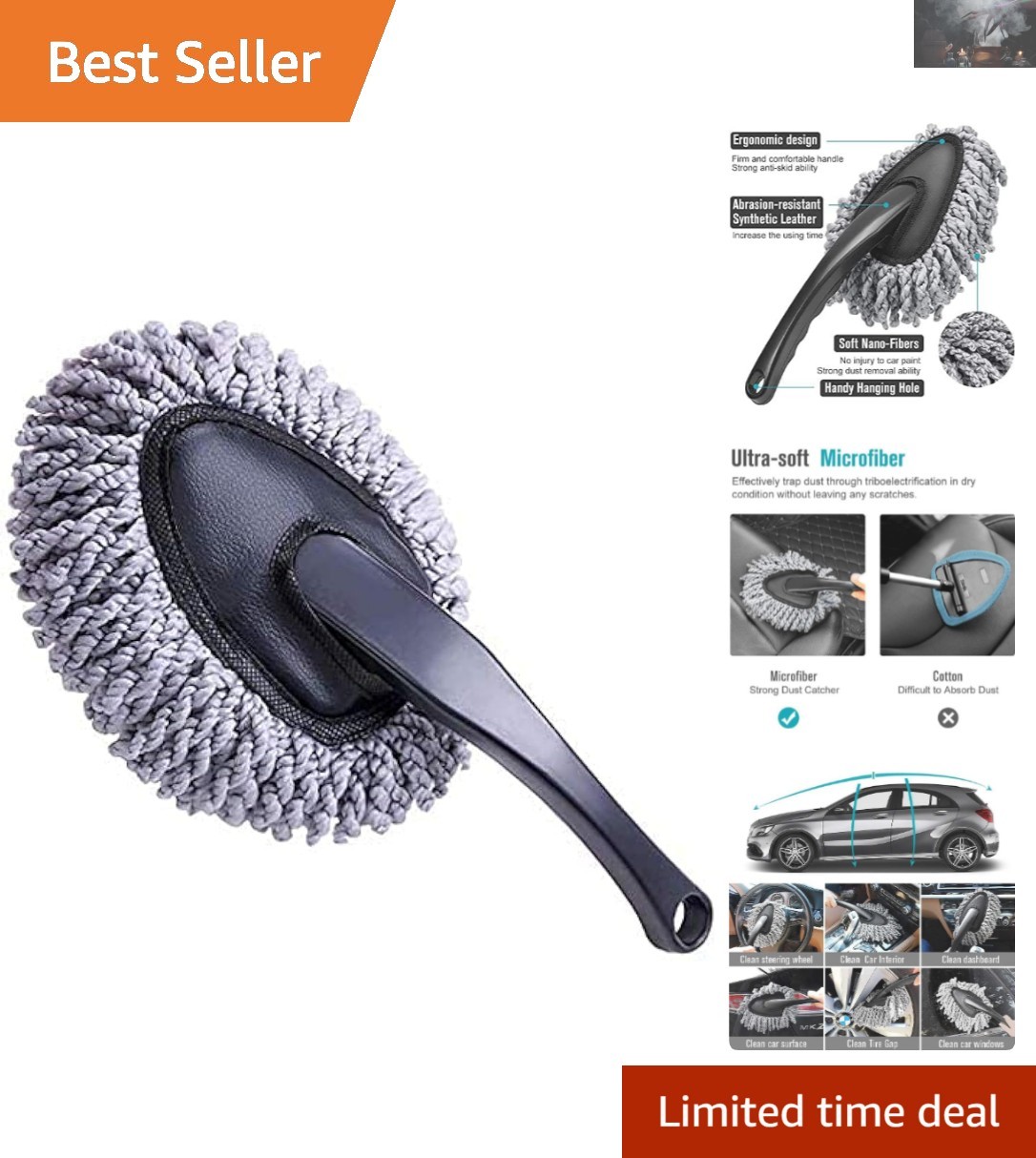 Reusable Microfiber Car Dash Duster – Compact Dust Cleaning Brush in Gray