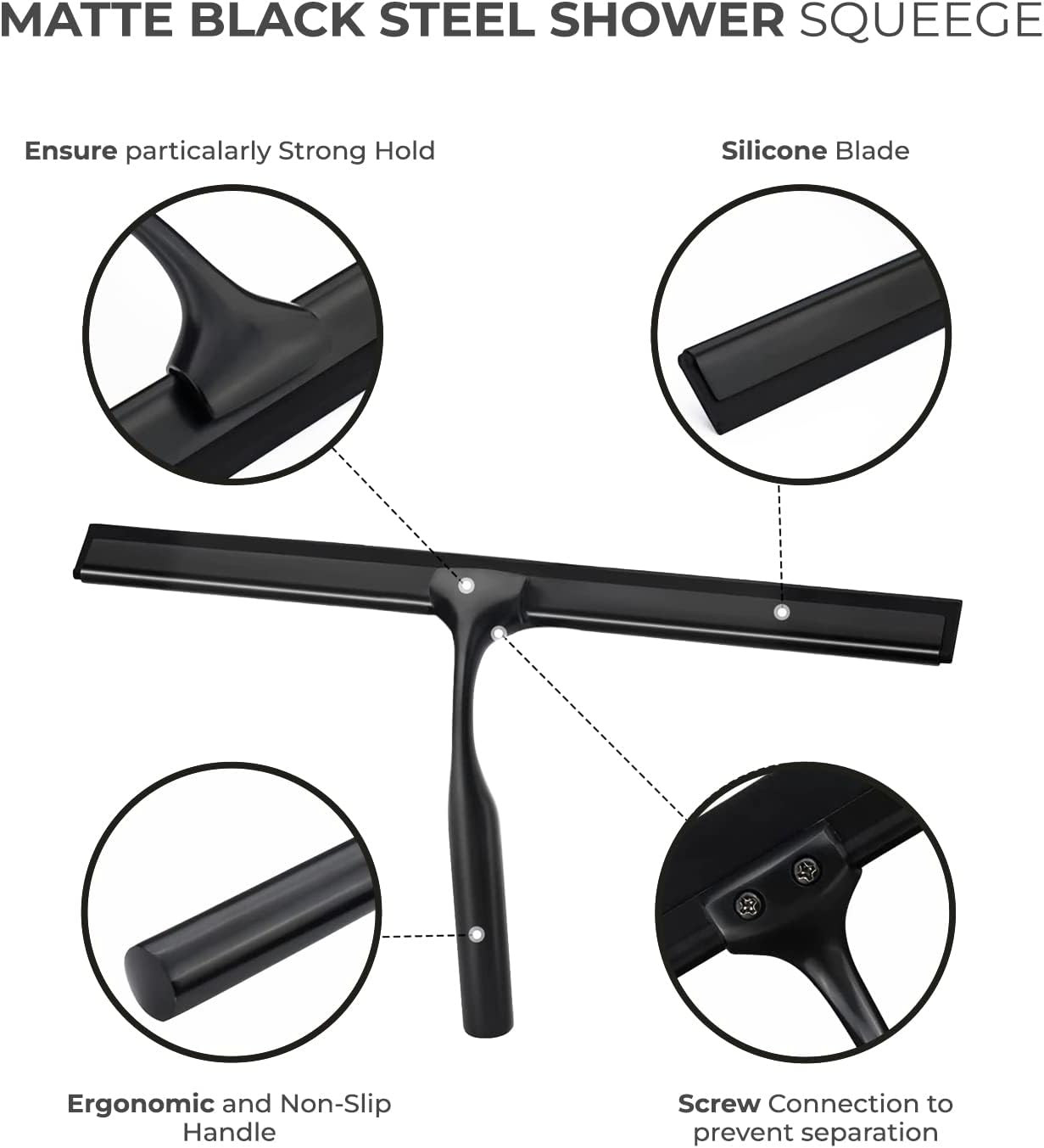 Matte Black Shower Squeegee for Glass Doors with Adhesive Hooks, Squeegee for Sh