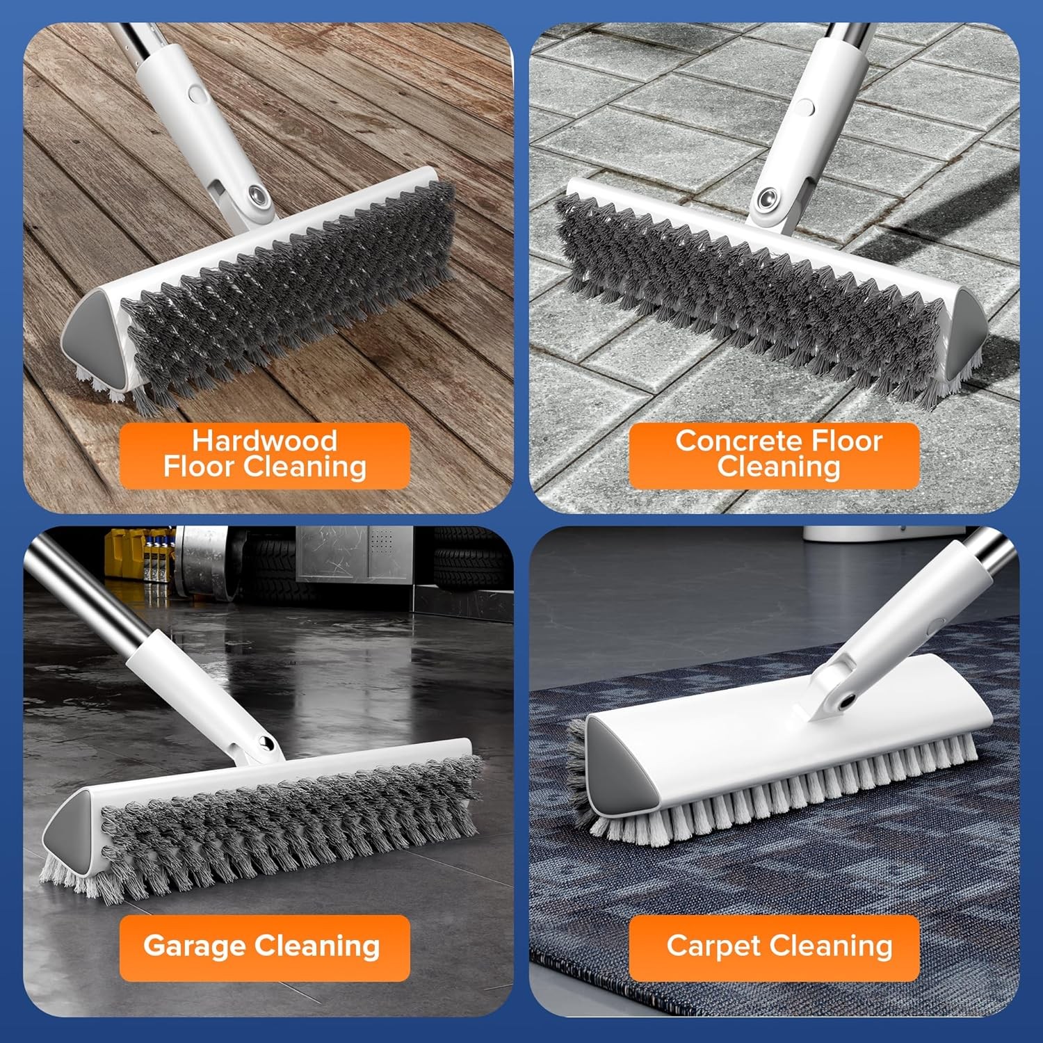 Grout Brush with Long Heavy Duty Handle, 180° Swivel Floor Scrub Brush, V-Shape