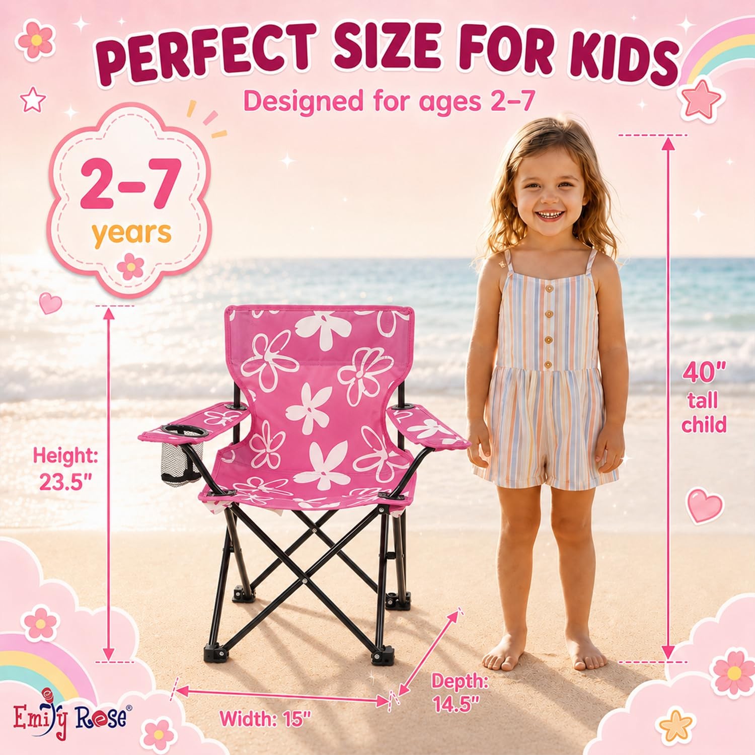 Kids Pink Folding Beach Camp Chair with Cup Holder Safety Lock & Carry Case –
