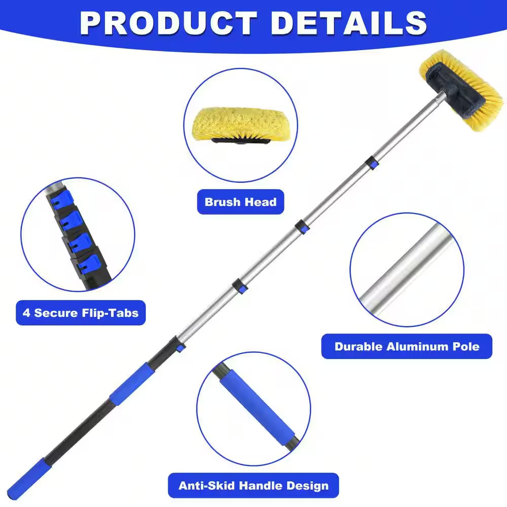 Universal Vehicle Long Handle Wash Brush 12 In. Soft Bristle Head Telescoping Po