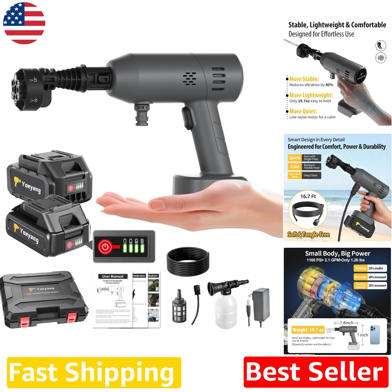 Portable Spray Cleaner 1160PSI Battery Power 6-in-1 Nozzle Outdoor Garden Car