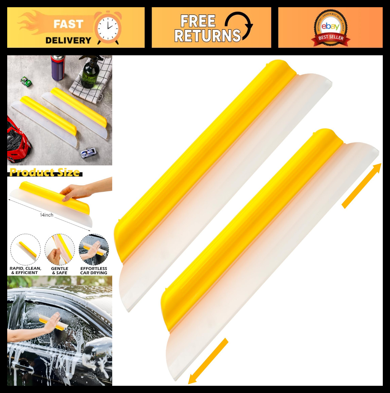 2 Pack 14″ Silicone Car Drying Squeegee – Flexible Window & Shower Blade Tool
