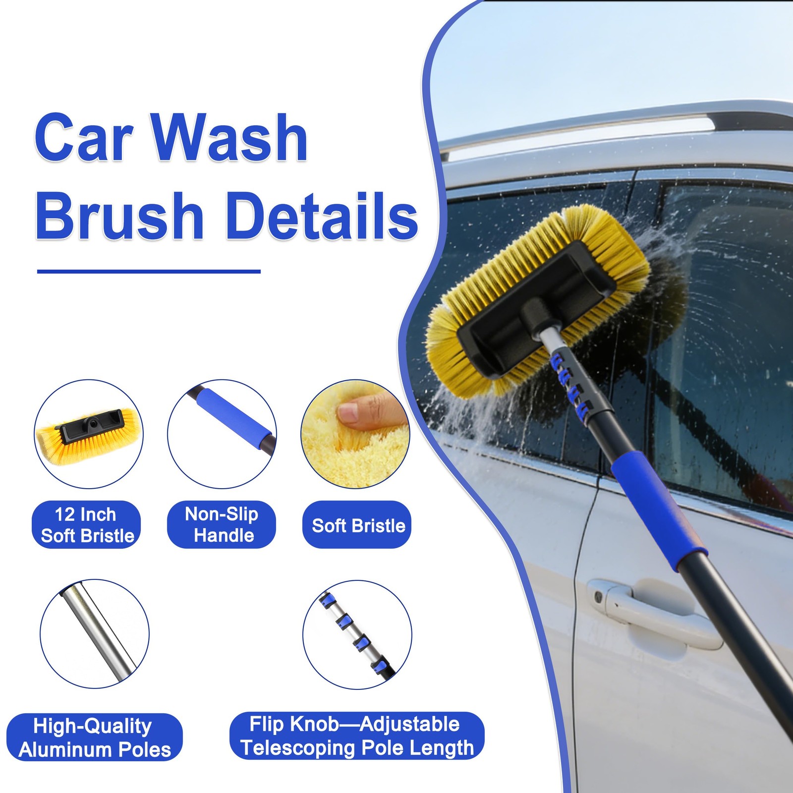 18FT Reach Car Wash Brush with Long Handle, 3 to 12 FT Car Cleaning Brush wit…