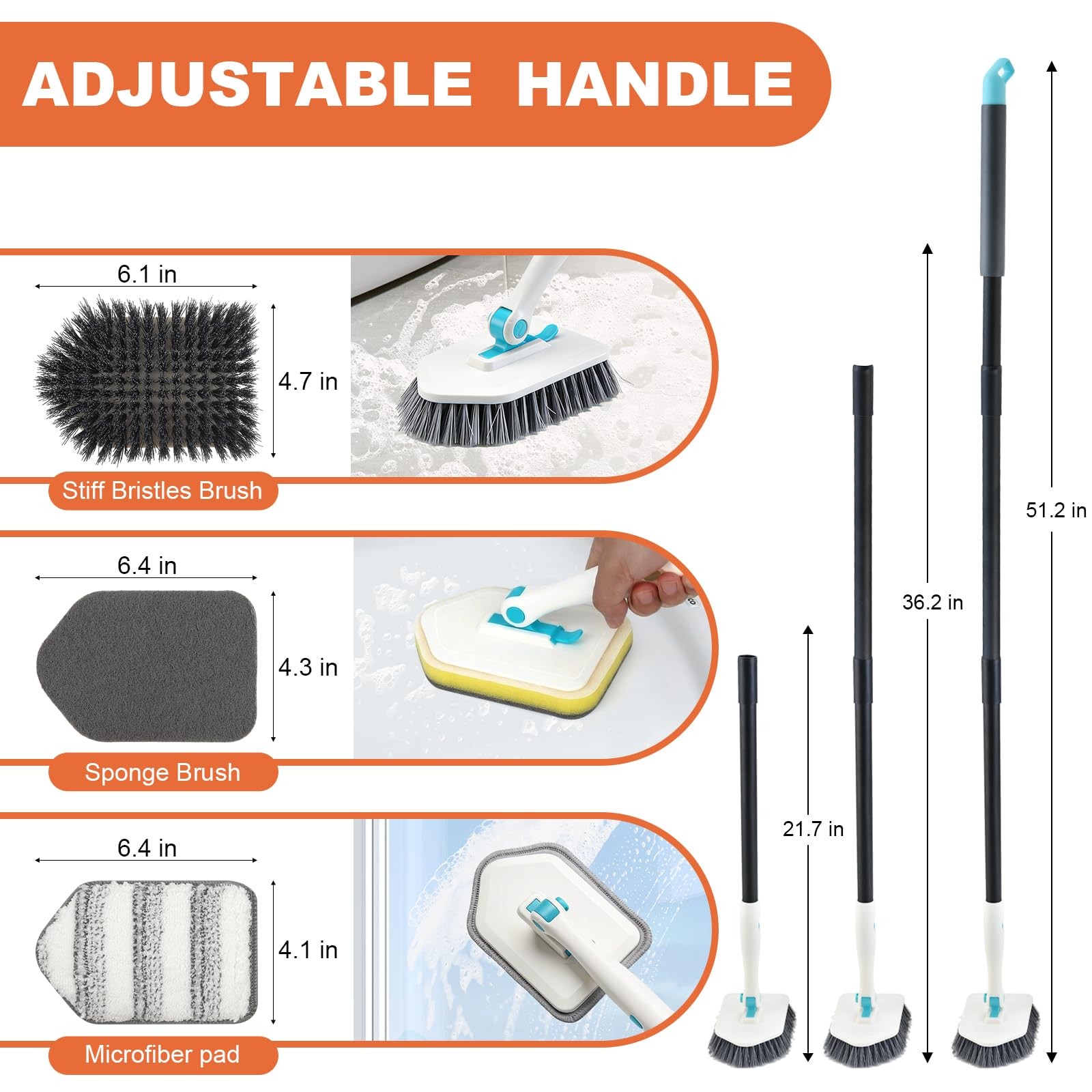 Long Handled Scrub Brush for Shower,3-in-1 Cleaning Brushes with 3 Different …