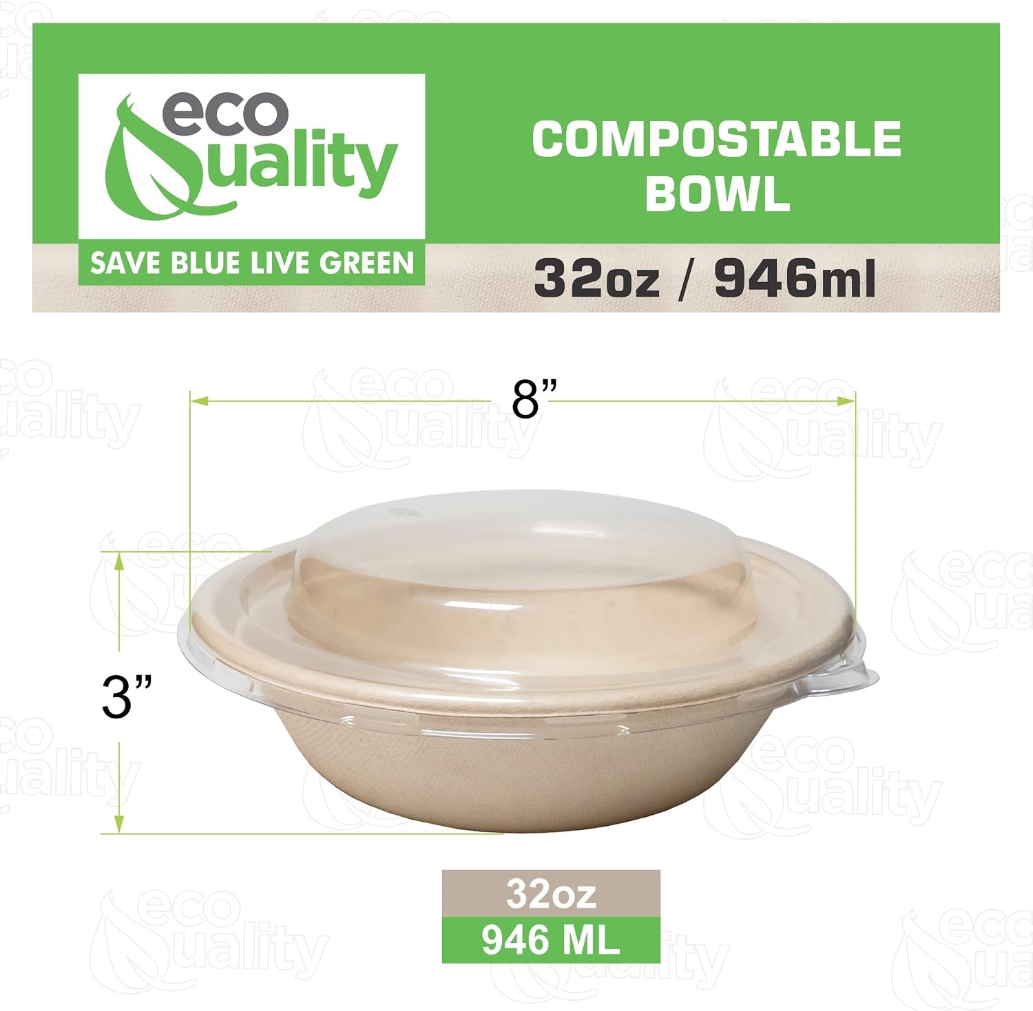 150 Count – EcoQuality 32oz Round Disposable Bowls with Dome Lids Natural Suga