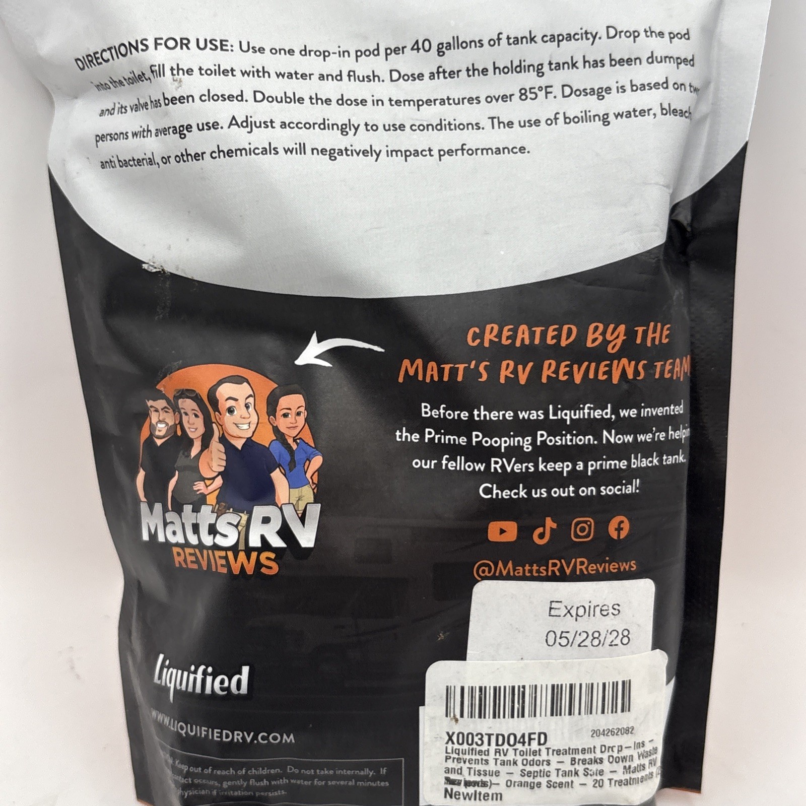 Liquified RV Natural Toilet Treatment Black Tank Drop-Ins 20 Pods Orange Scent