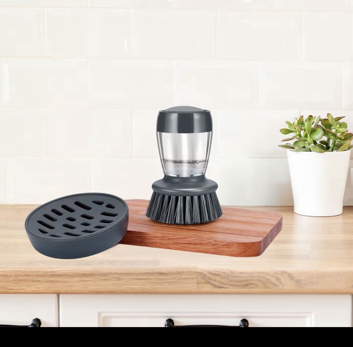 2 Piece Kitchen Brush with Bracket for Cleaning Pot,Soap Palm Brush Storage Set