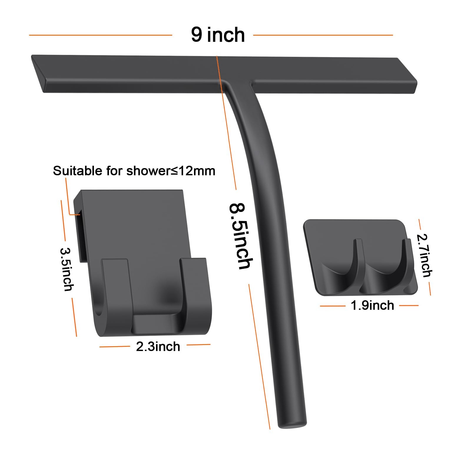 “9 Inch Silicone Shower Squeegee with Hook for Glass, Tile, Bathroom”