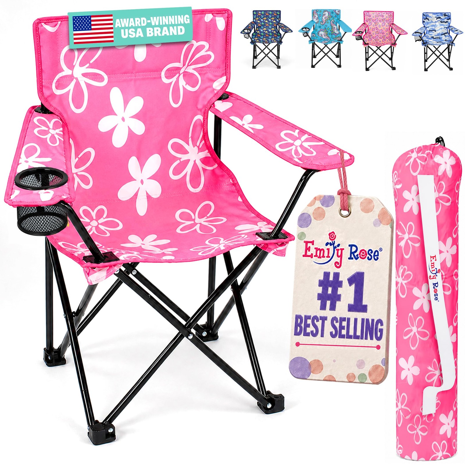 Kids Pink Folding Beach Camp Chair with Cup Holder Safety Lock & Carry Case –
