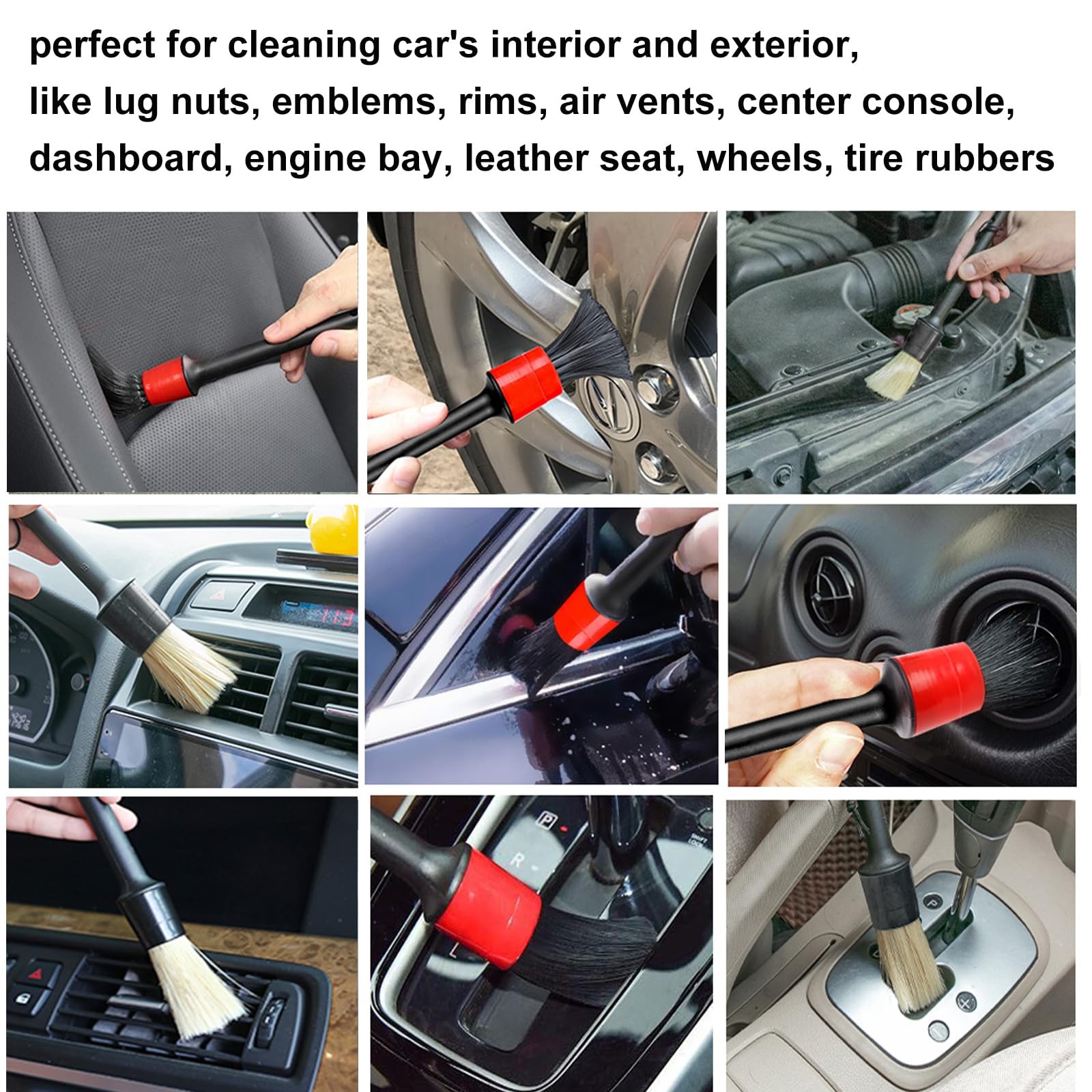 10Pc Auto Detailing Brush Set Boar Hair for Car Interior & Exterior Cleaning