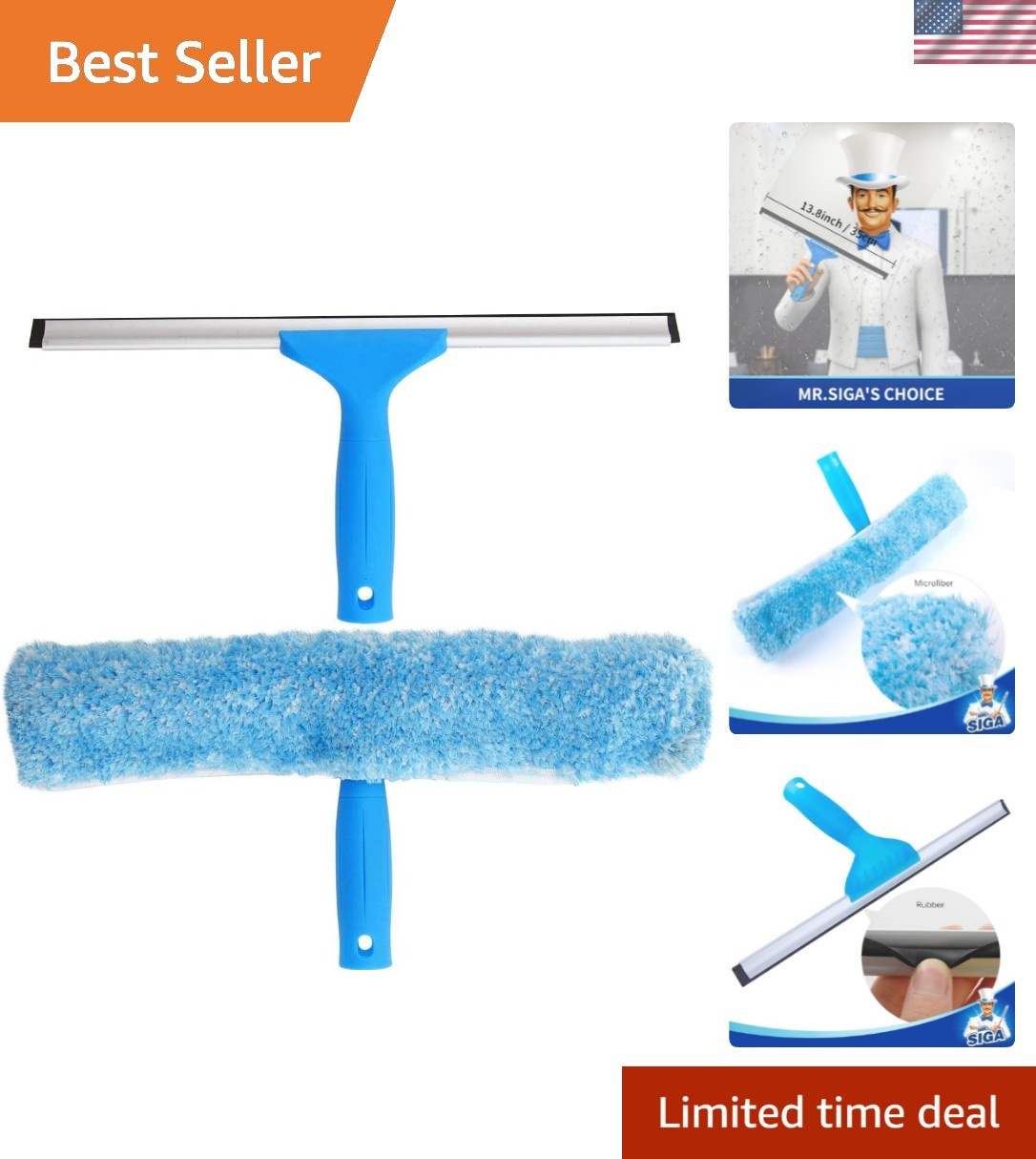 Professional Window Cleaning Combo – Squeegee & Microfiber Window Scrubber, 14″