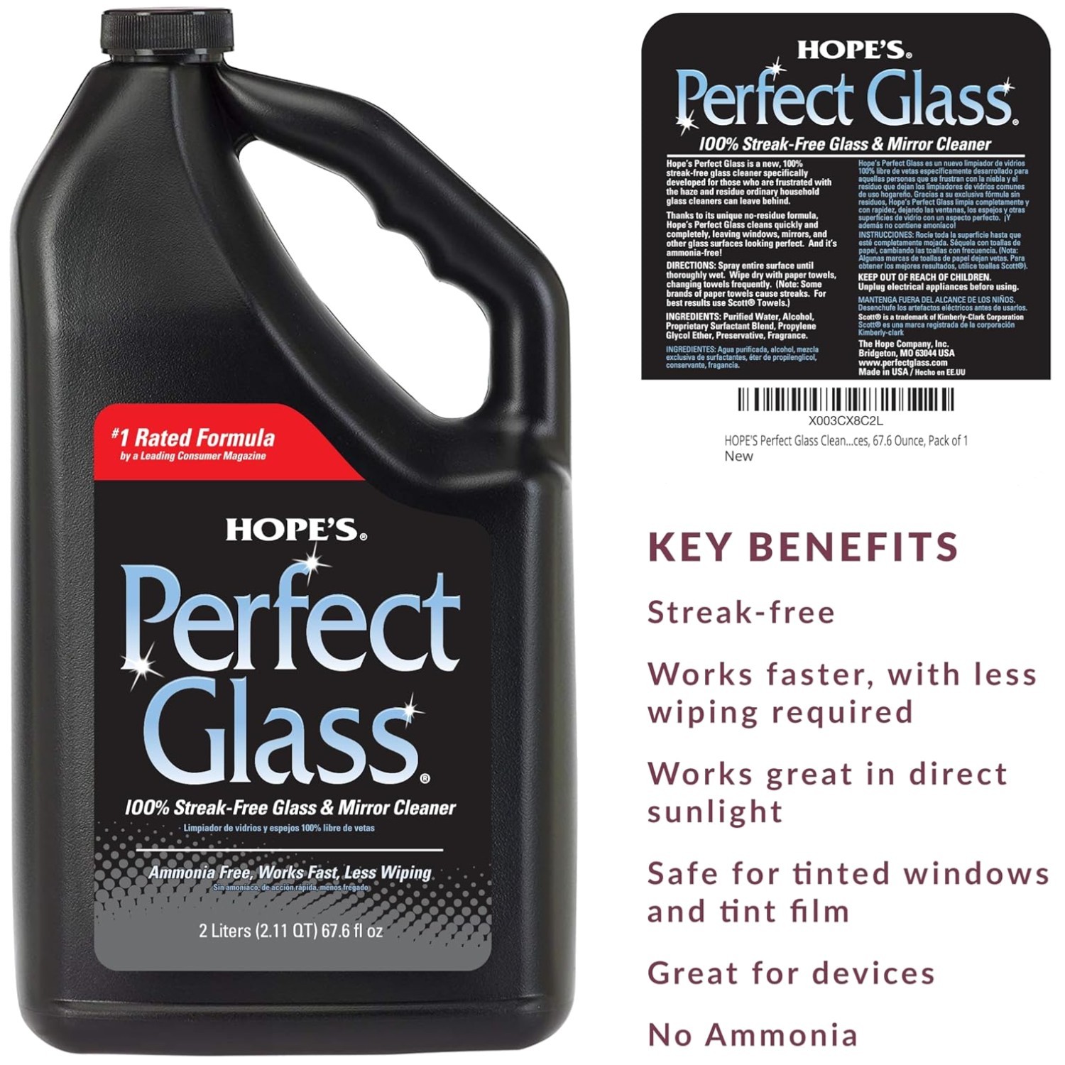 Streak-Free Glass Cleaner Spray, Ammonia-Free, 67.6oz