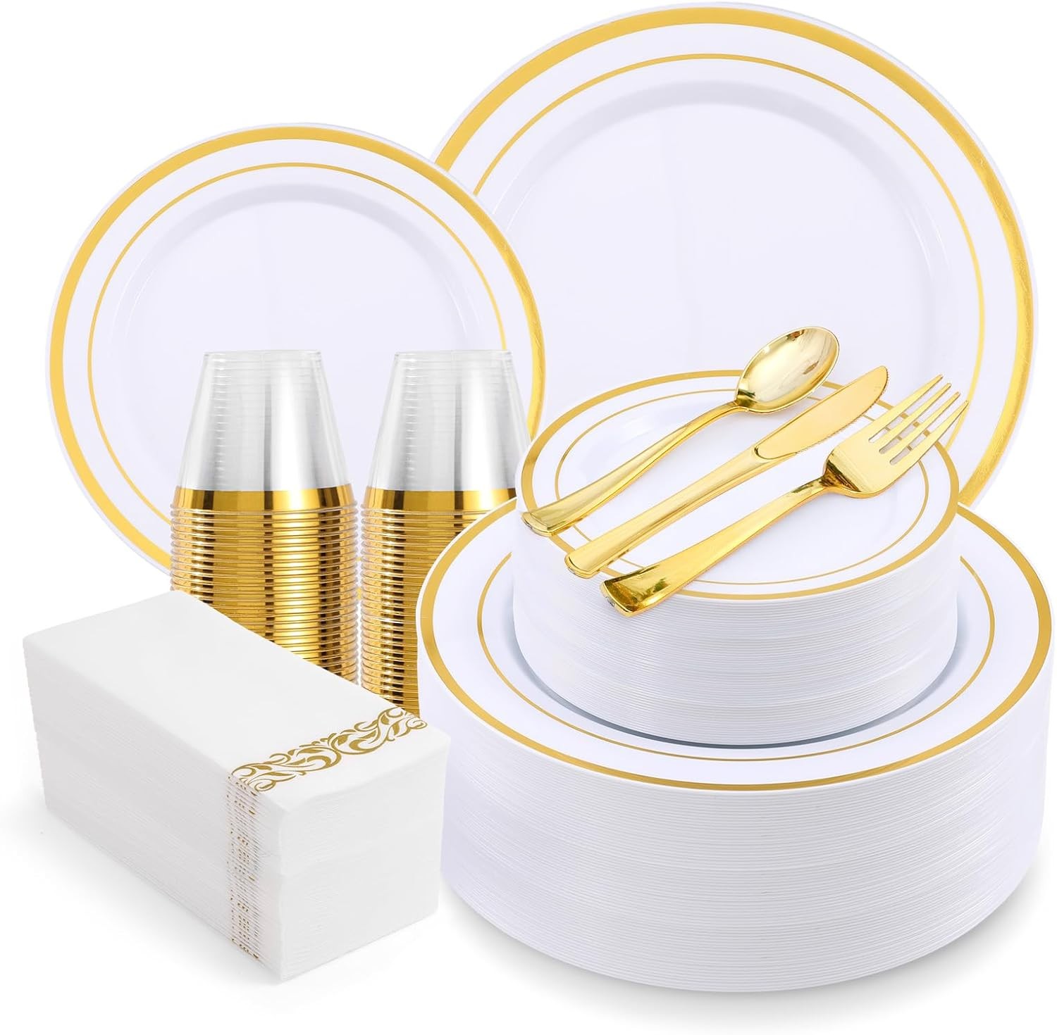 700-Piece Gold Rim Plastic Dinnerware Set for 100 Guests, Elegant Disposable D
