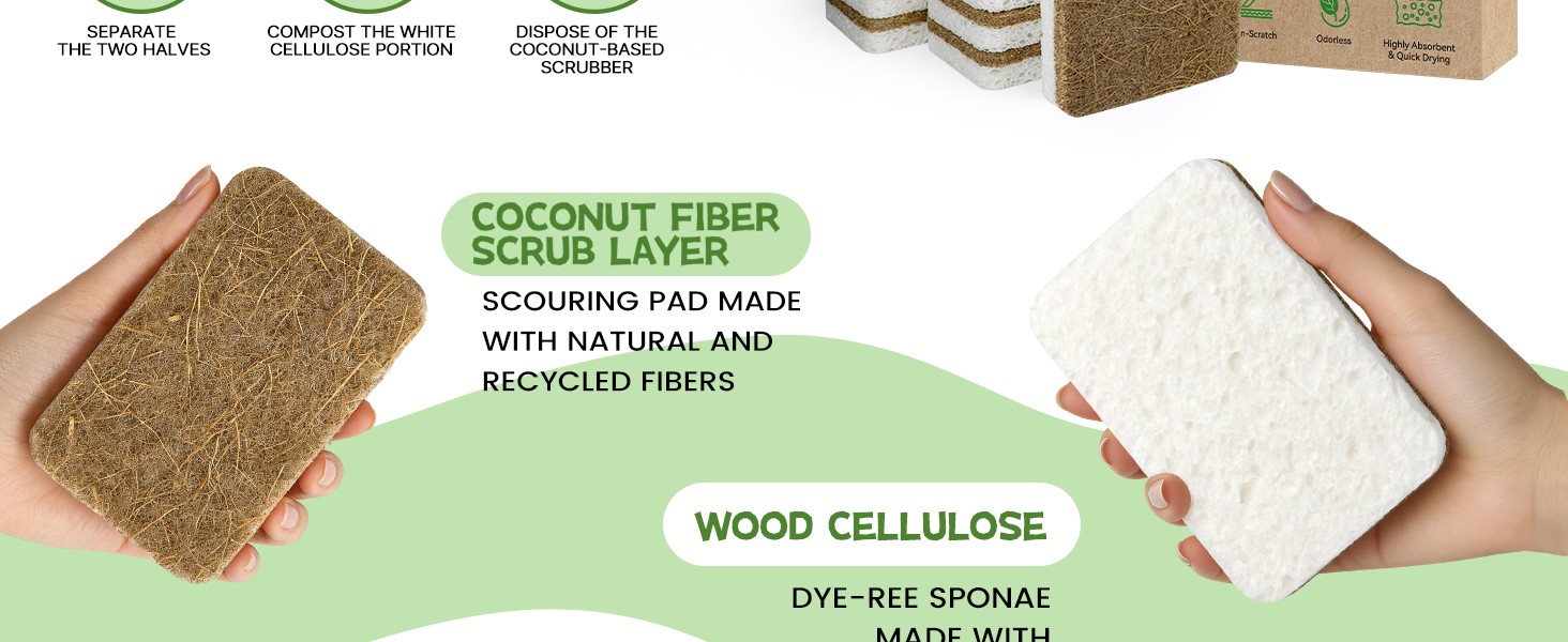 12 Count Plant-Based Kitchen Sponges, Compostable Cellulose Sponge,