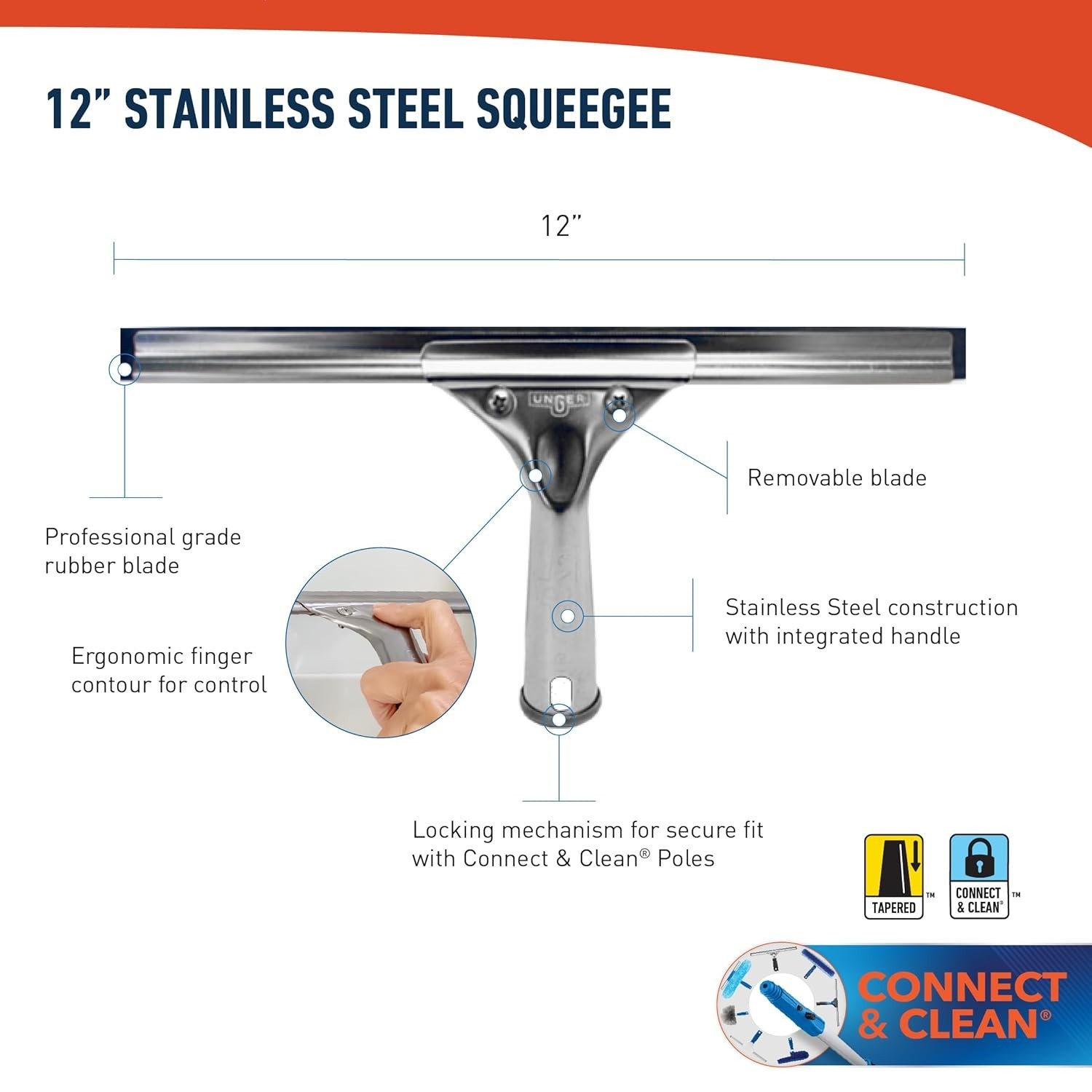 Unger Professional Stainless Steel HeavyDuty Window and Glass Squeegee 12