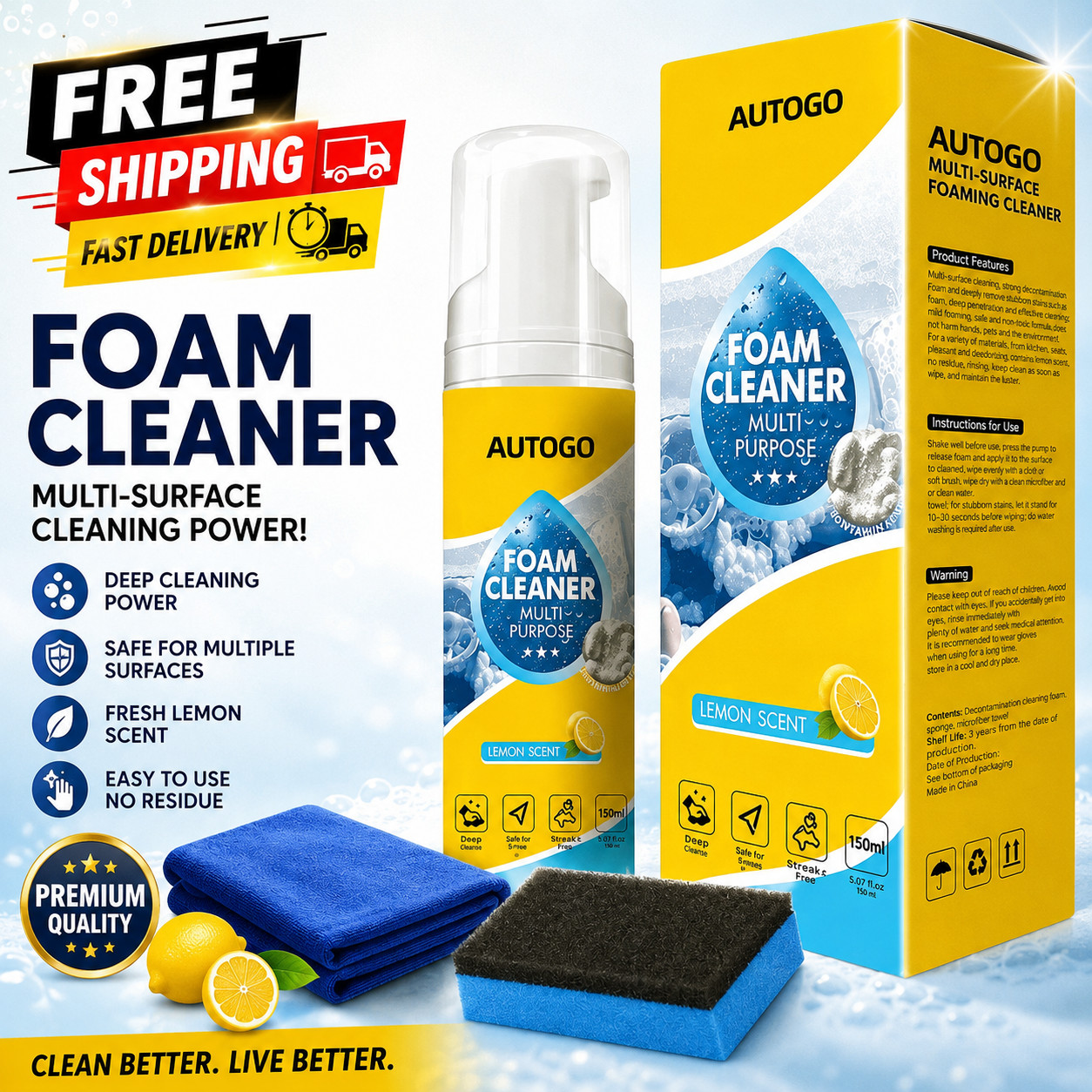 Multi Surface Foam Cleaner 150ml with Sponge & Microfiber Cloth