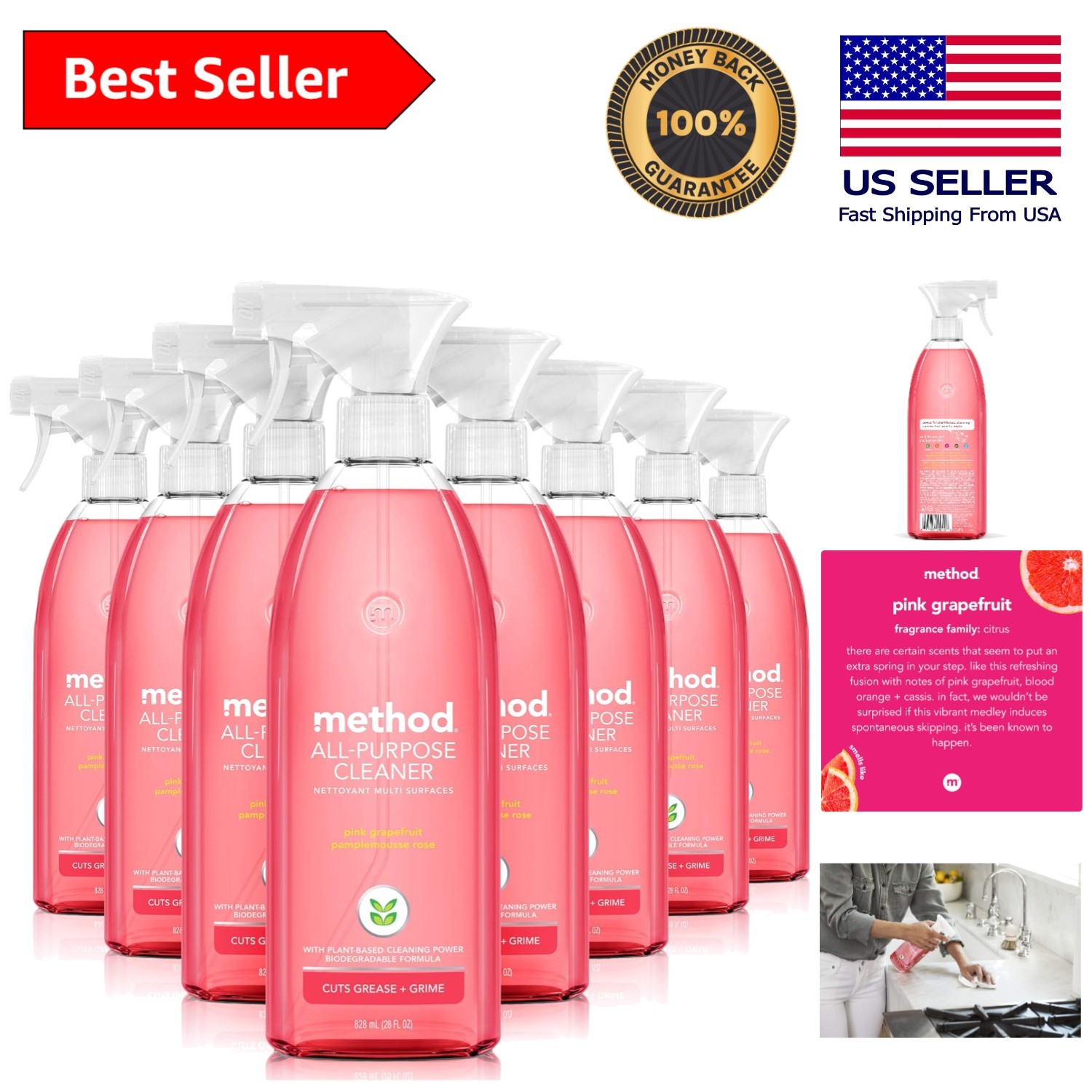 All-Purpose Cleaner Spray – Pink Grapefruit Scent, 28 oz, Pack of 8