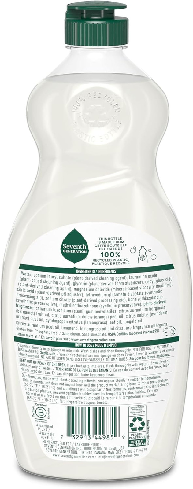 Seventh Generation Dish Liquid Soap Clementine Zest Lemongrass Pack of 6