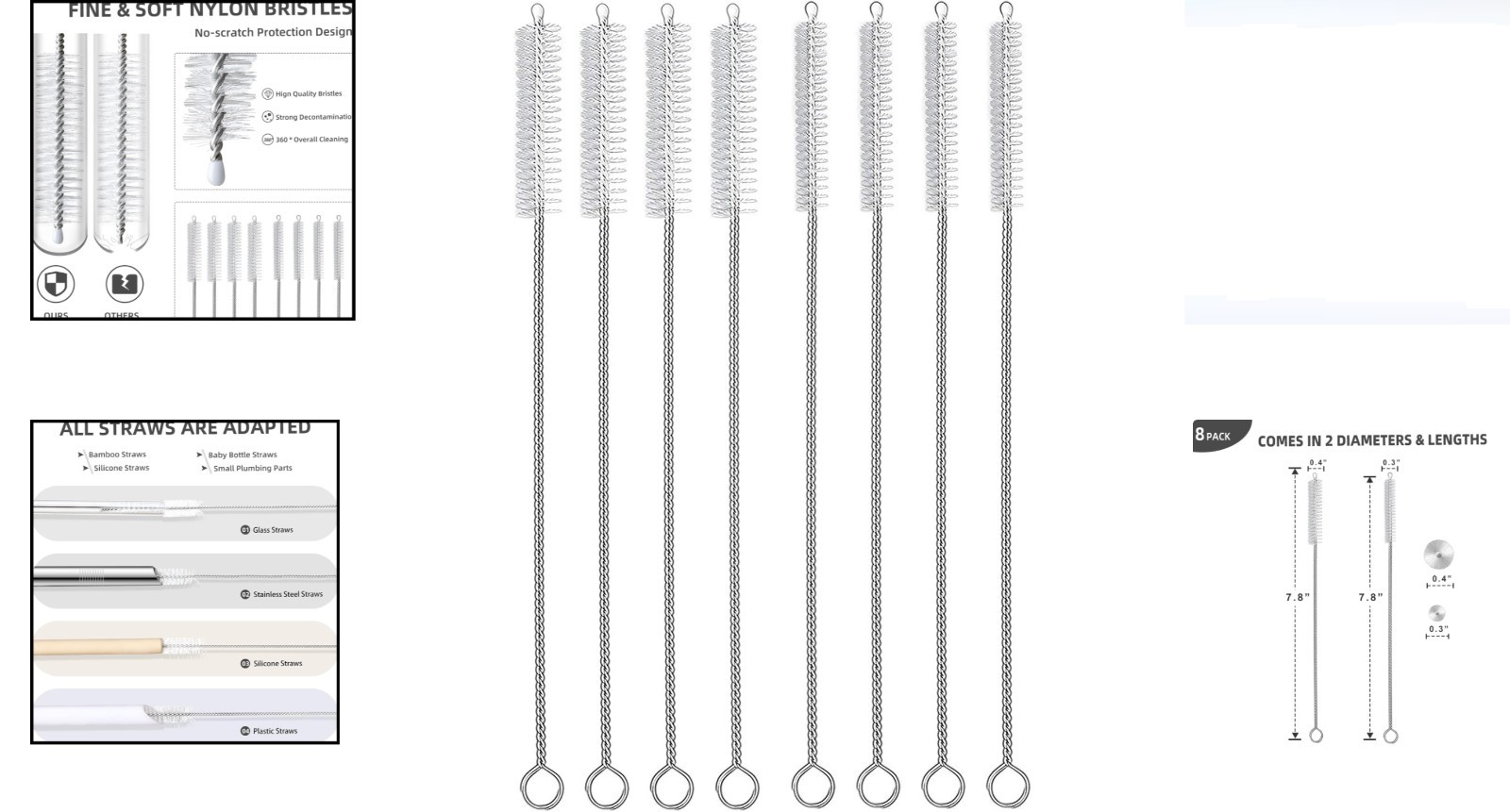 Food Grade Reusable Straw Cleaner Brush Set – 8-Piece for Eco-Friendly Living