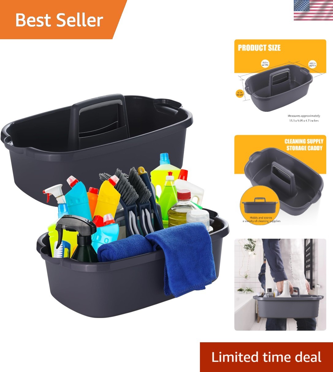 Large Gray Plastic Tote Cleaning Caddy – Convenient 2-Pack for Easy Organization
