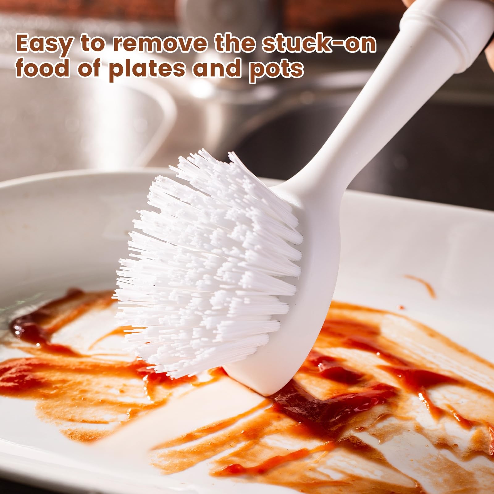 2 Pack Dish Brush with Handle Built-in Scraper Nylon Scrubber for Dishes