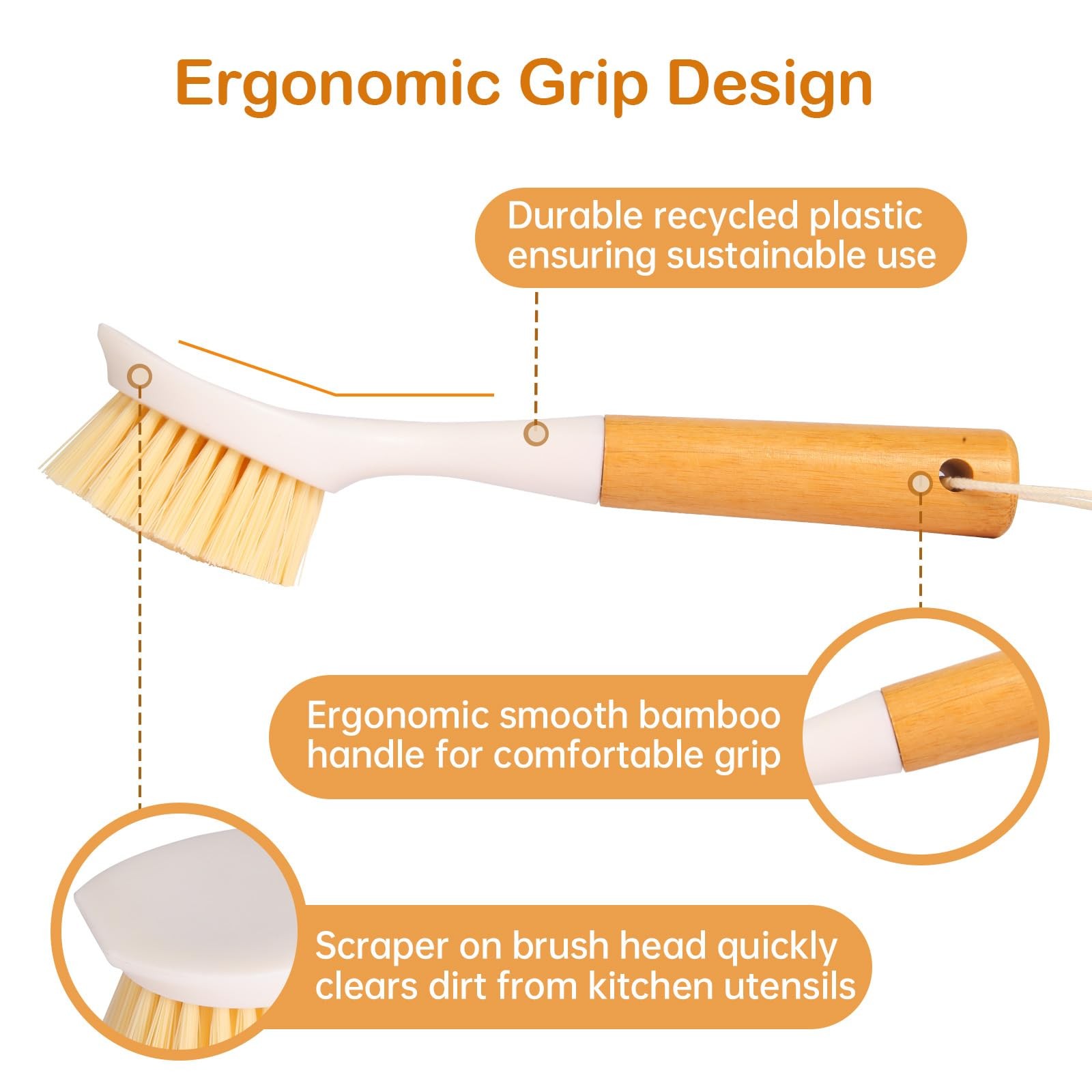3 Pack Dish Brush Set with Bamboo Handle, Dish Scrubber Built-in Scraper, Kit…