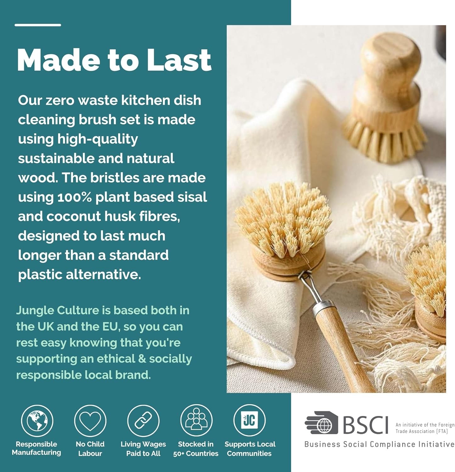 Natural Bamboo and Coconut Dish Brush Set – 6 Versatile Kitchen Cleaning Tools