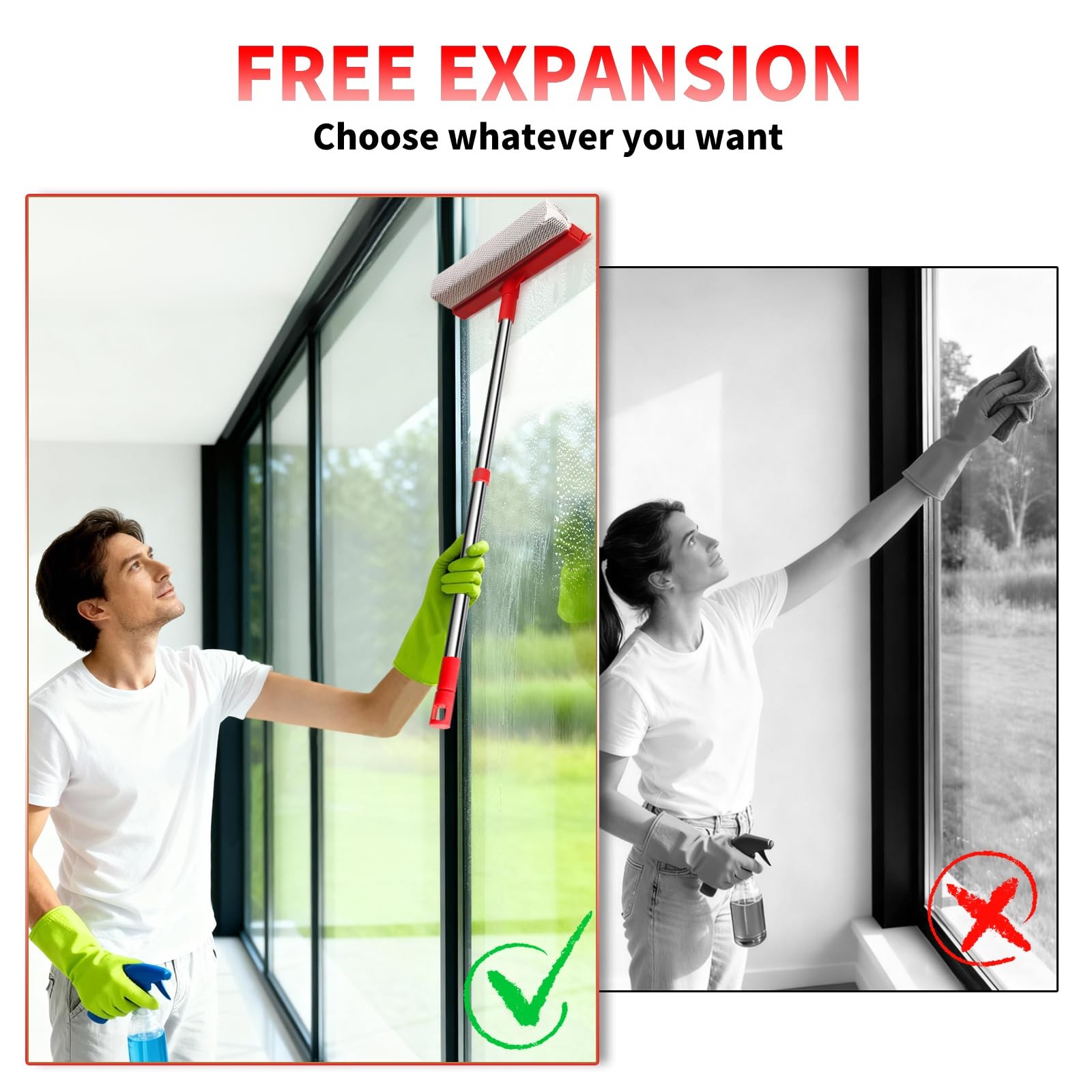 Window Squeegee Cleaner Retractable Handle 2 in 1 Sponge Rubber Blade Red