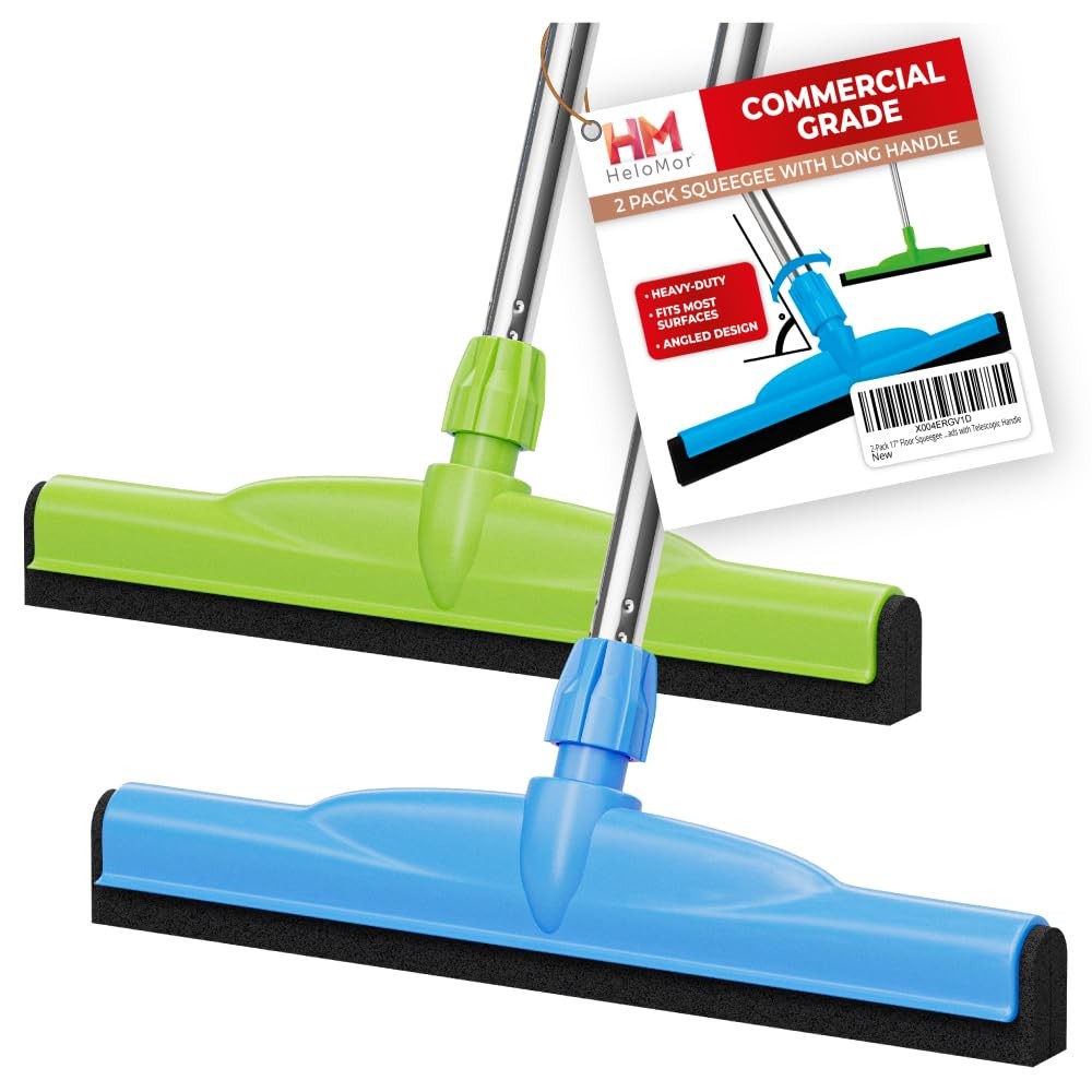 2 Pack 17” Floor Squeegee Broom Scrubbing Brush with Telescopic Long Handle f…