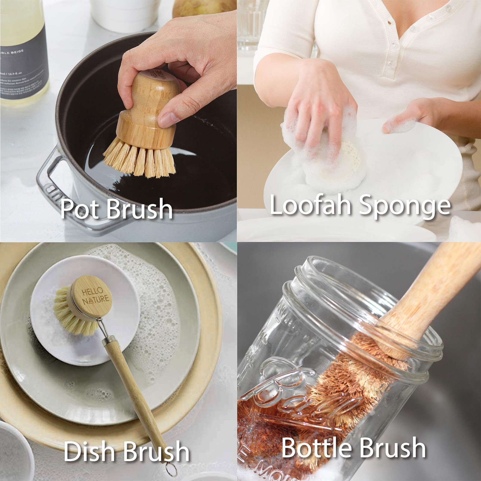 Plantbased 6pcs Kitchen Brush Set By Sustainable Biodegradable Natural Fibre B