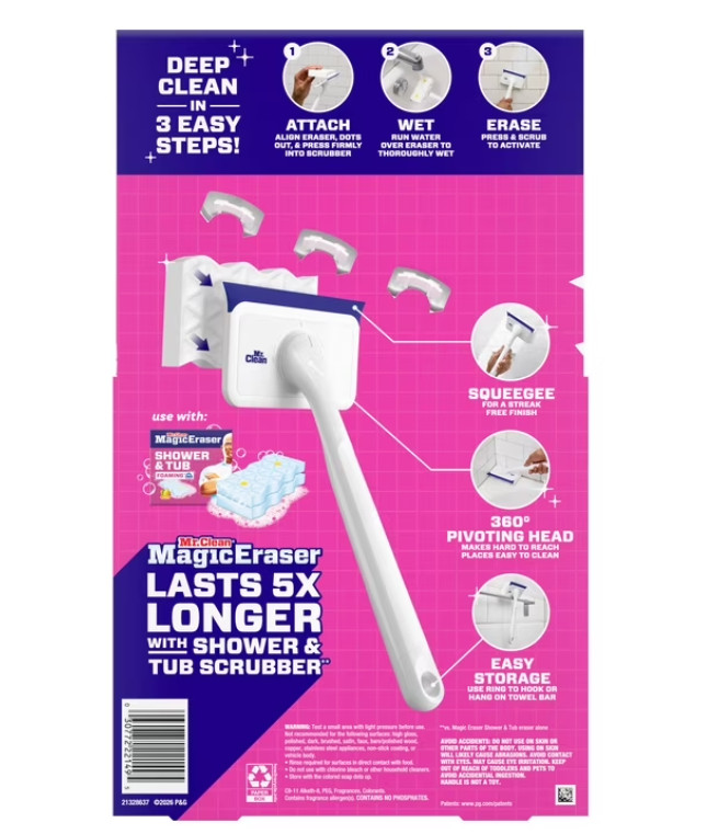 Mr. Clean Magic Eraser Shower & Tub Scrubber, 1 Device + 2 Refills, White
