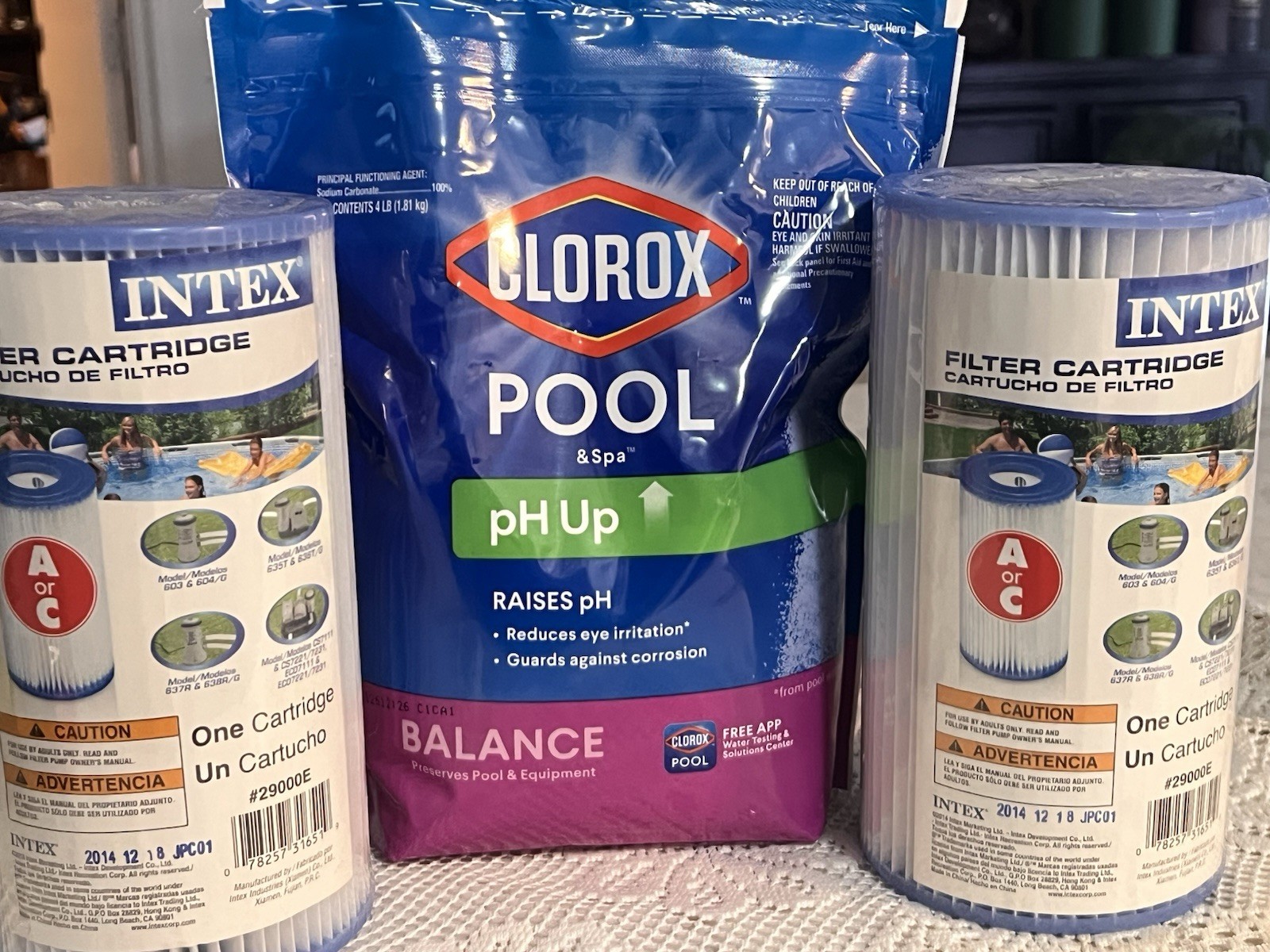 Intex Type A/C Pool Filter Cartridges Set of 2 + Clorox Pool pH Up 4 lb Bundle