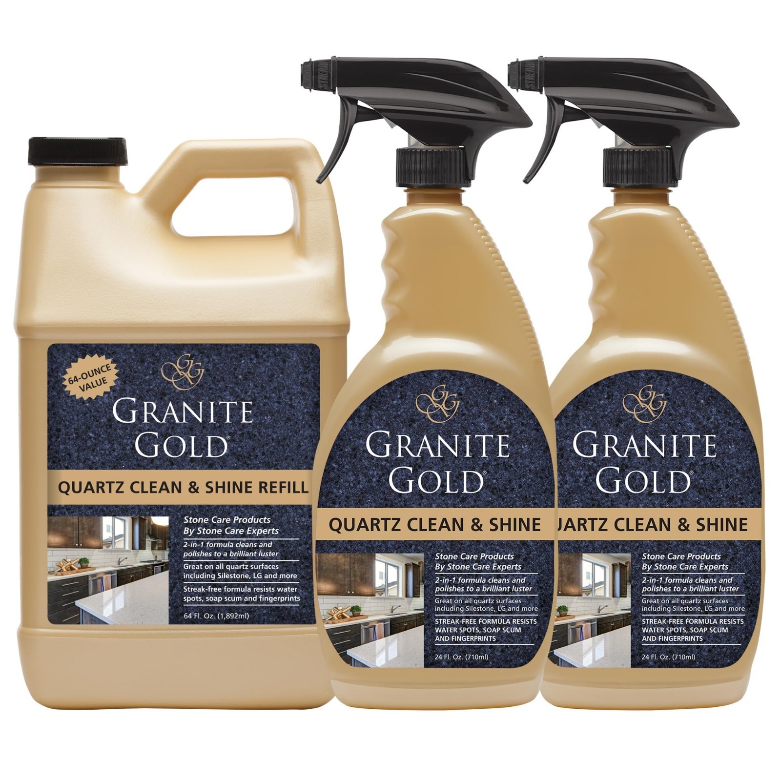 Streak-Free Quartz Cleaner & Polish – Deep Cleans All Quartz Surfaces, 64oz + 2x