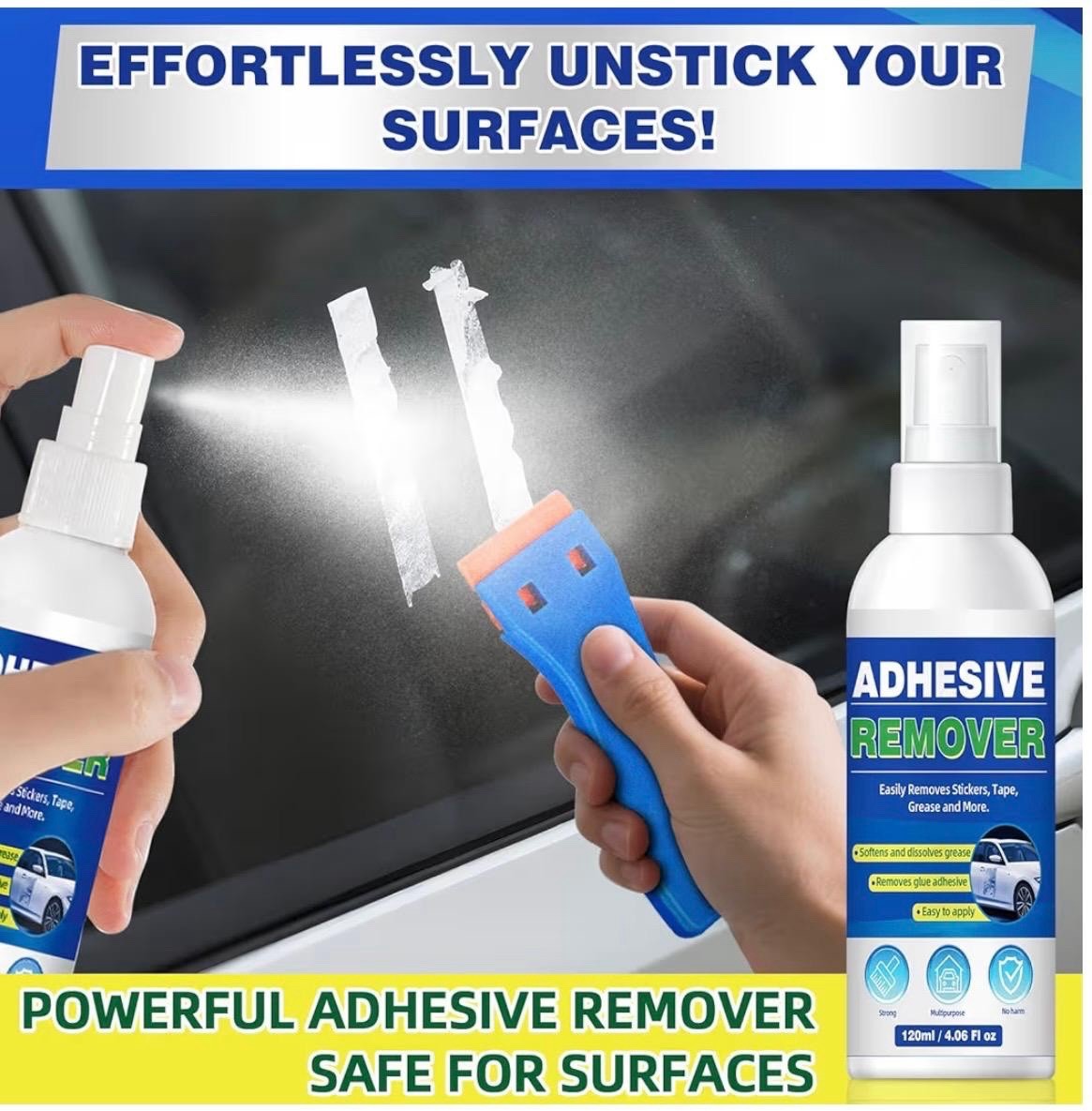 Adhesive Remover Spray 120ml/4.06 fl oz for Multiple Surfaces w/ Scraper