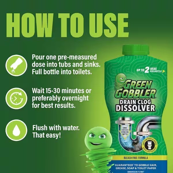 Green Gobbler 31 oz. Drain & Toilet Clog Dissolver & Remover Bleach Free Formula