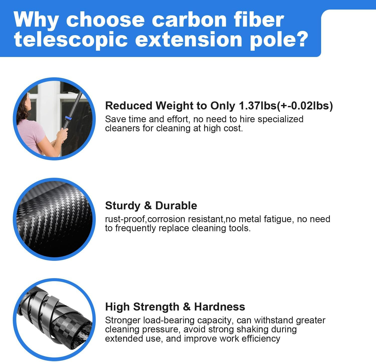 12-Foot Carbon Fiber Window Cleaner Tool with Telescopic Extension Pole, Rotatin