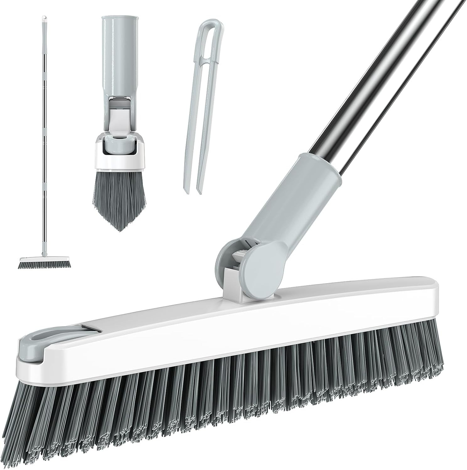 Grout Brush with Long Handle 180° Swivel Scrub Brush with Tweezers to Hair Clip