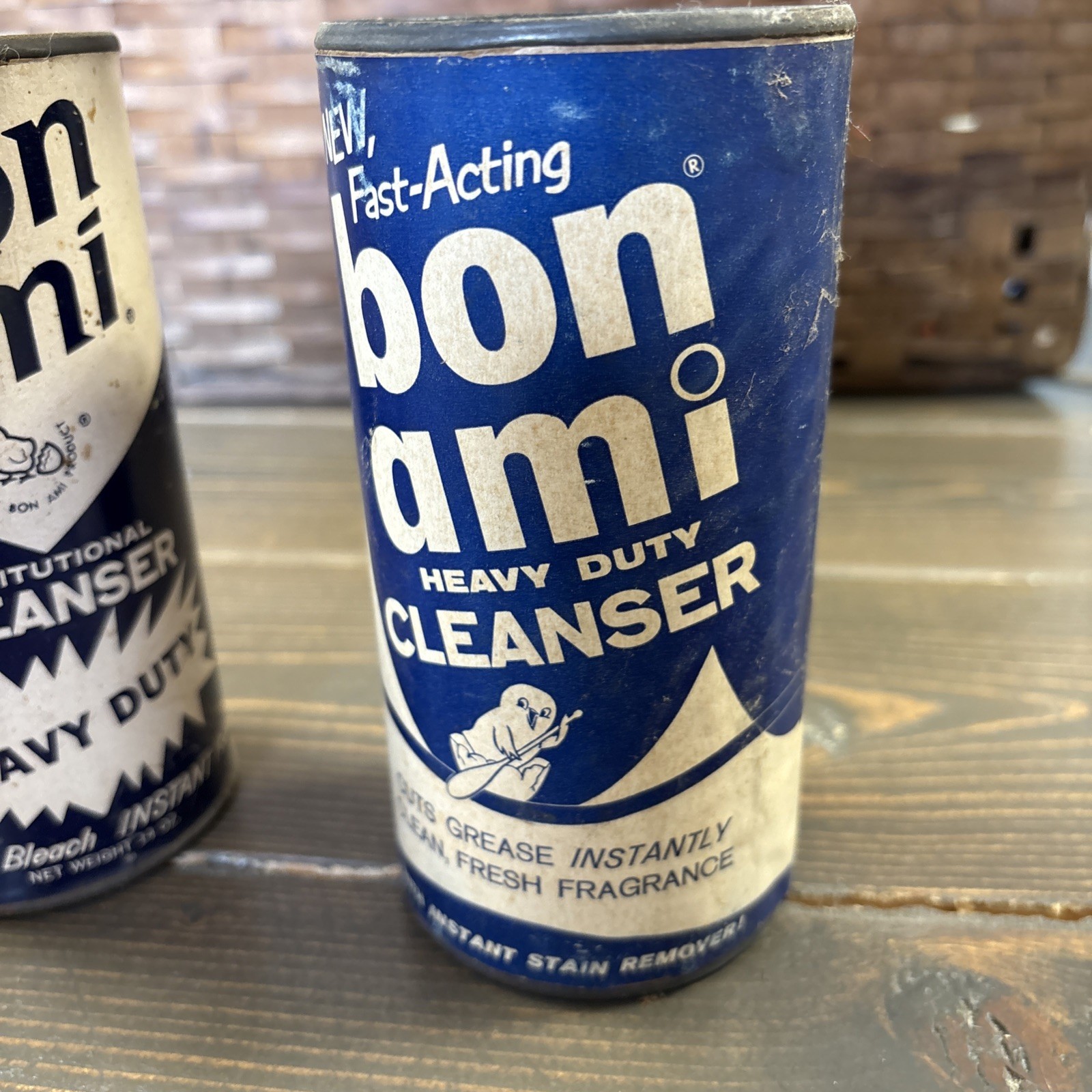 2- 1950s Bon Ami Cleanser Cans Institutional Cleanser Blue Advert Vintage FULL