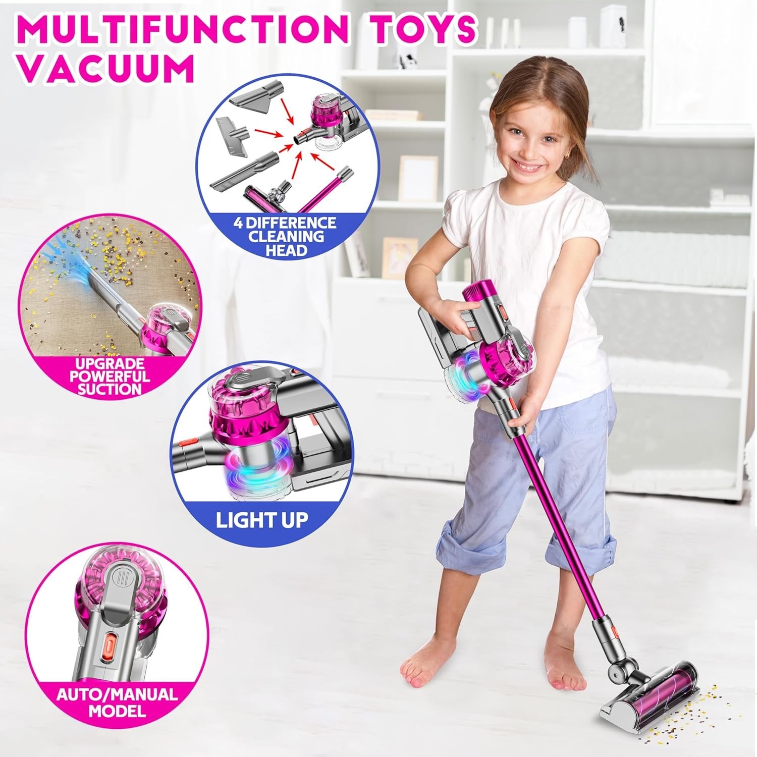Kids Toy Vacuum Cleaner Set with Real Suction and Light, 4-in-1 Pretend Play