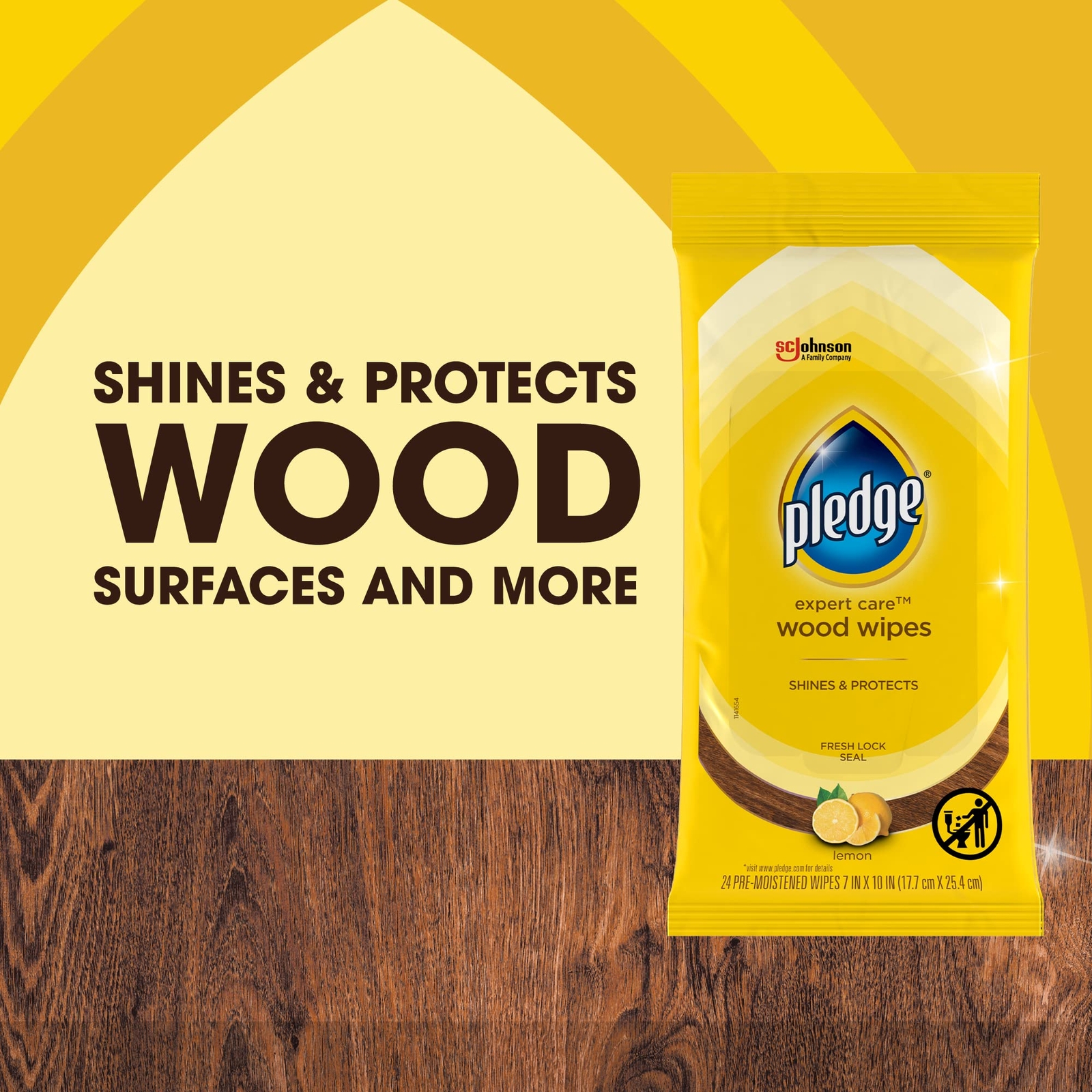 Pledge Expert Care Enhancing Wood Wipes, Lemon Scent, 24 Count
