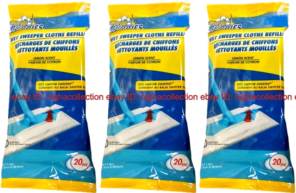 3 X 20-ct. Total Scrub Buddies Lemon Wet Sweeper Mopping Cloth Refills SEALED