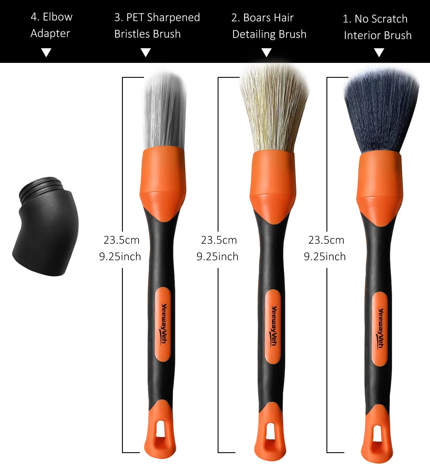 3 PCS Car Detailing Brush Set Boars Hair Ultra Soft Scratch Free Orange