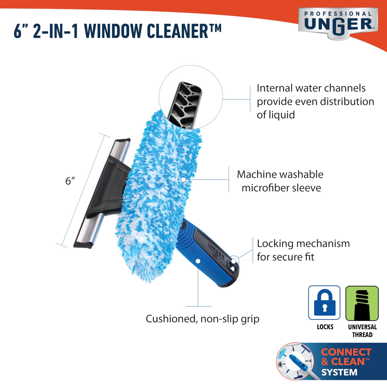 Unger 2 In 1 Window Cleaner Squeegee And Scrubber Ergonomic Grip 6 Inch