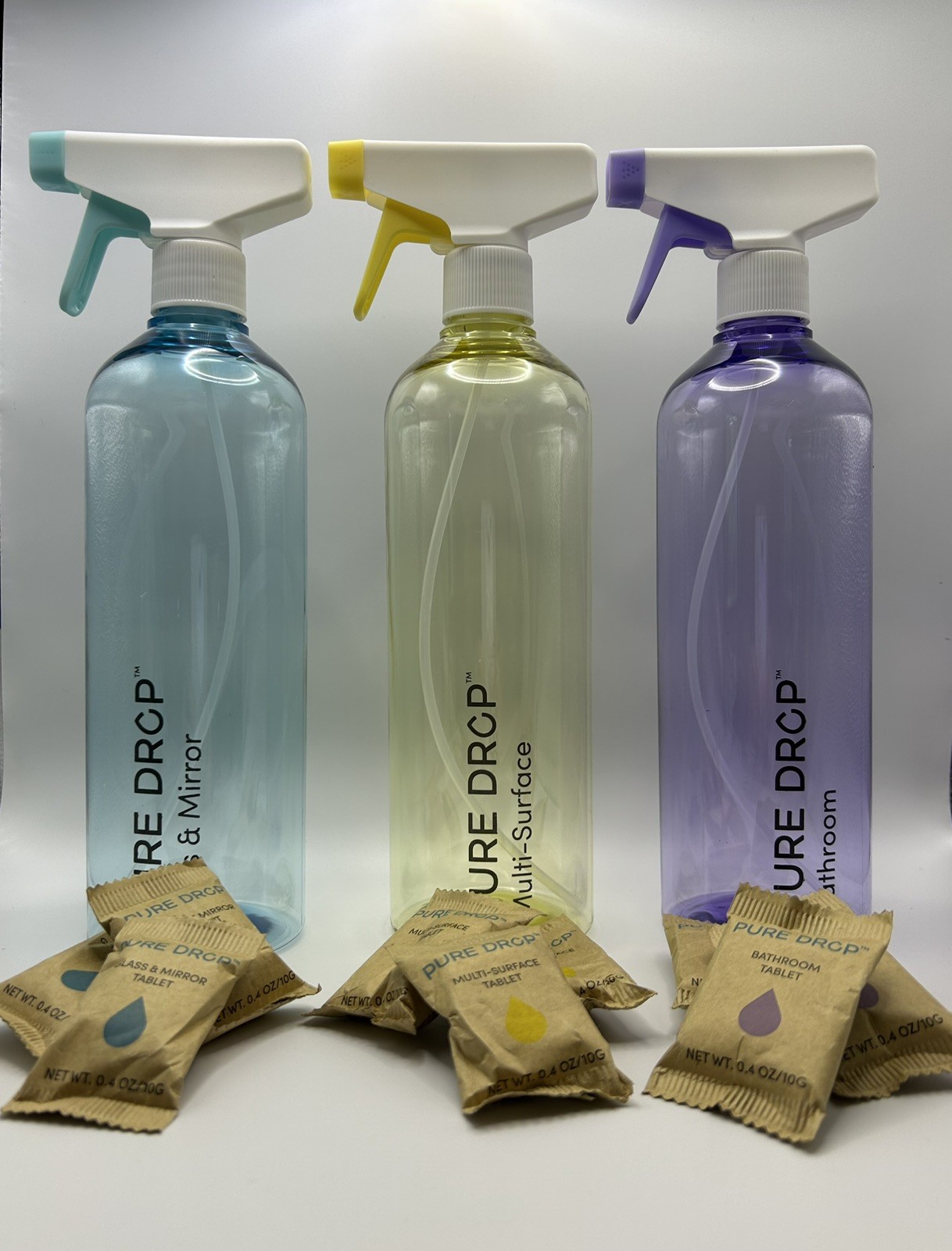 NEW! Pure Drop-Plastic Spray Bottles-26 oz Empty (3 Pack) & 9 Cleaner Tablets
