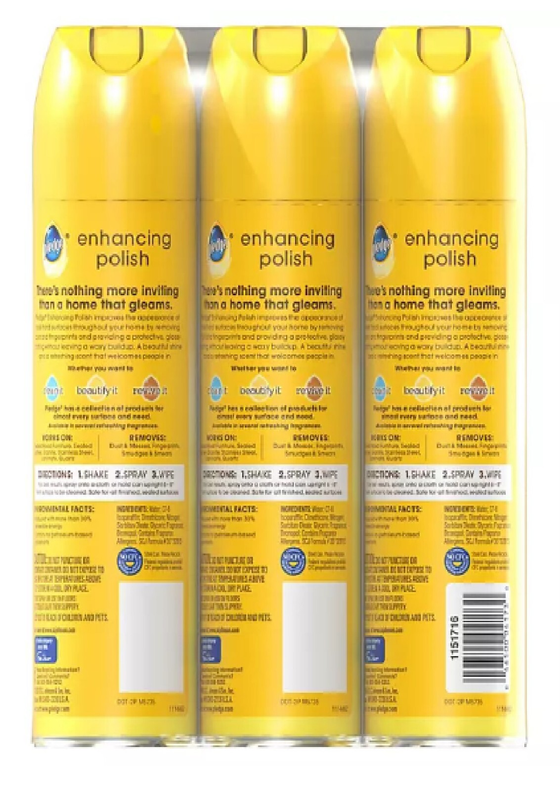 Pledge Furniture Enhancing Polish Spray, Lemon, 3ct., 29 oz.