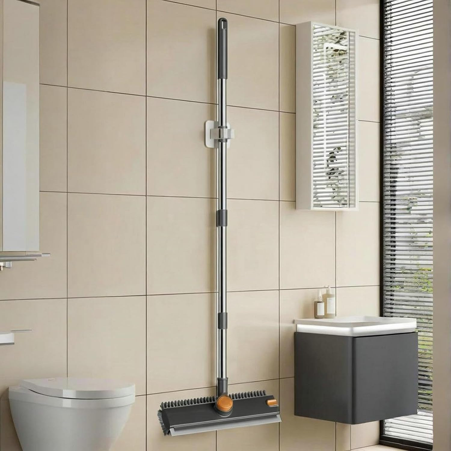 4 in 1 Floor Scrub Brush with Squeegee Long Handle Grout Brush 52” 2026 Upgrade