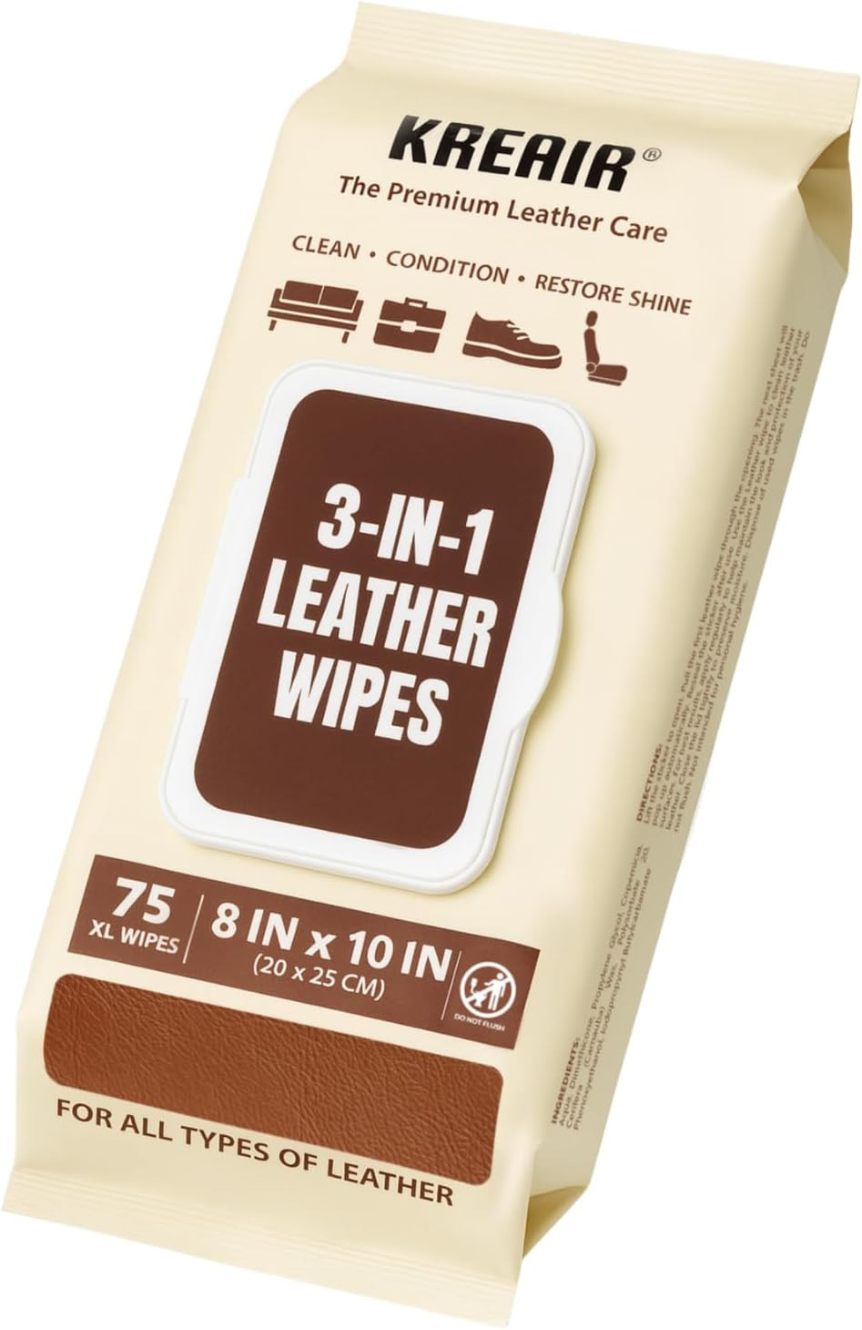3In1 Leather Wipes 75 XL Count, Clean, Condition & Restore Shine, Extra-Large 8″