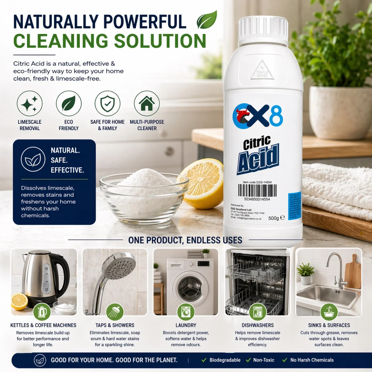 Citric Acid 500g Multi-Purpose Descaler Cleaner Removes Limescale Kettles