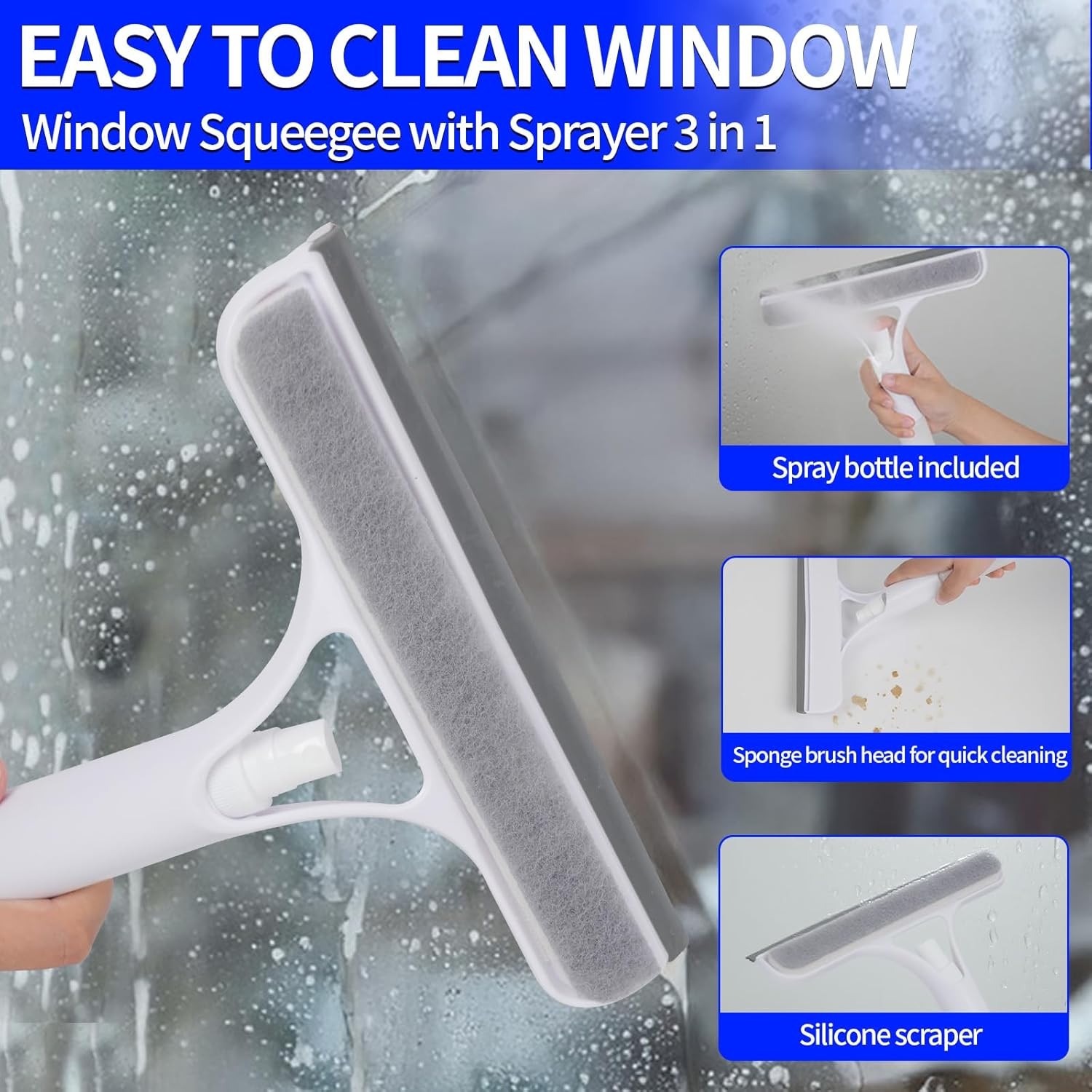 3 in 1 Window Squeegee with Sprayer,Sponge Brush and Scraper,3 in 1 Window squee